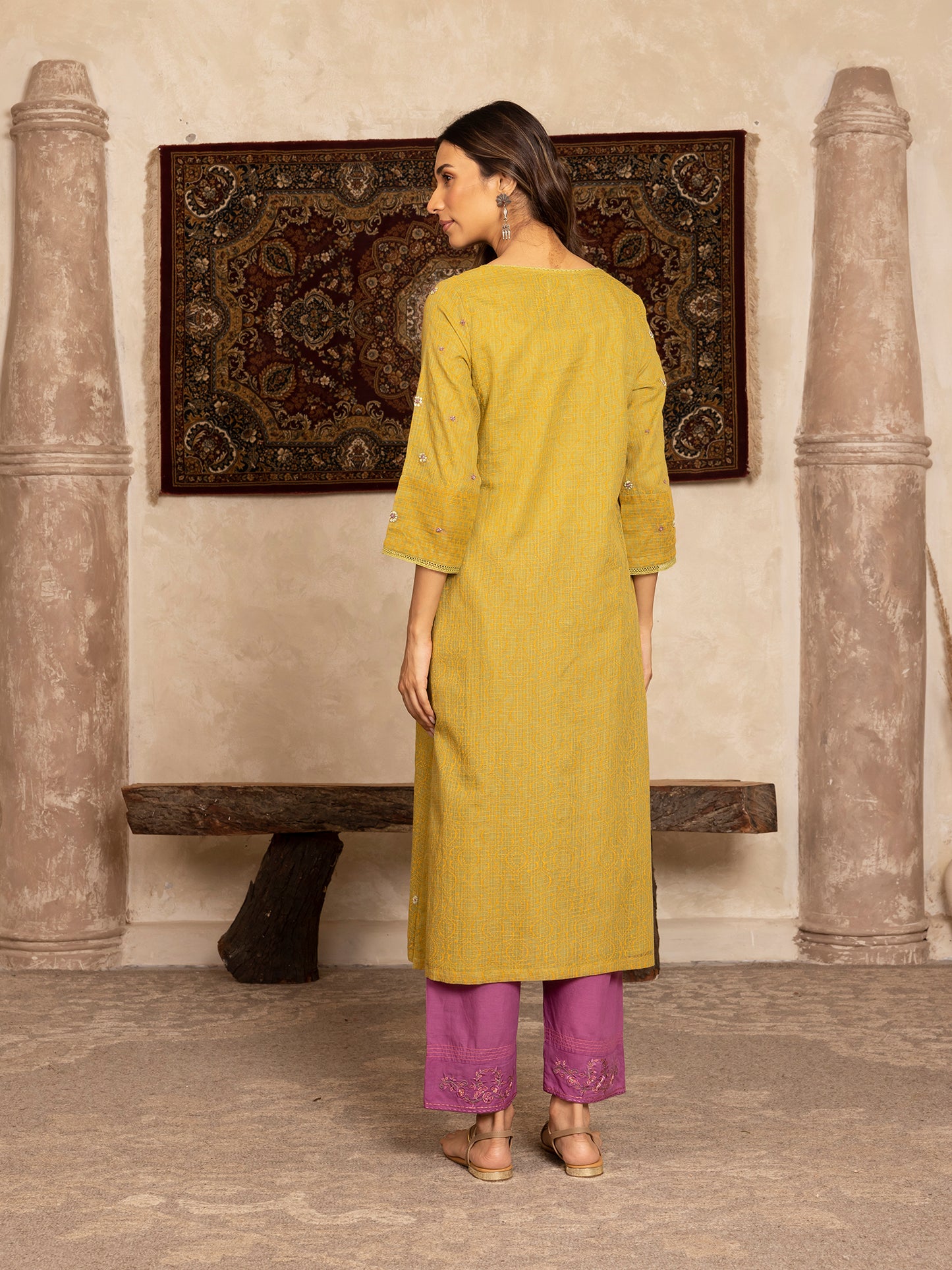 Parrot green hand block print kota cotton with zardozi hand embroidery kurta