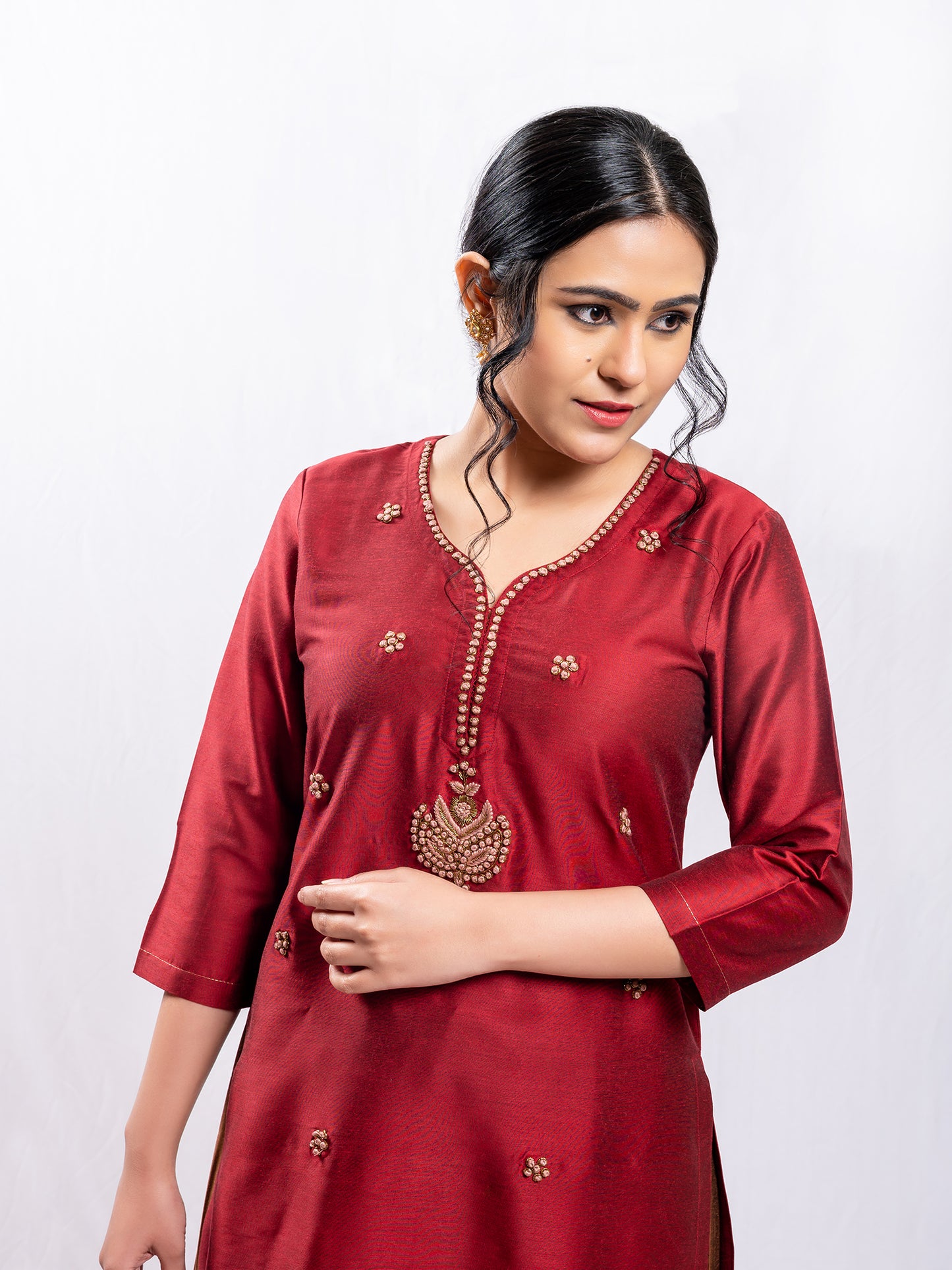 Red cotton silk aari hand embroidery kurta set