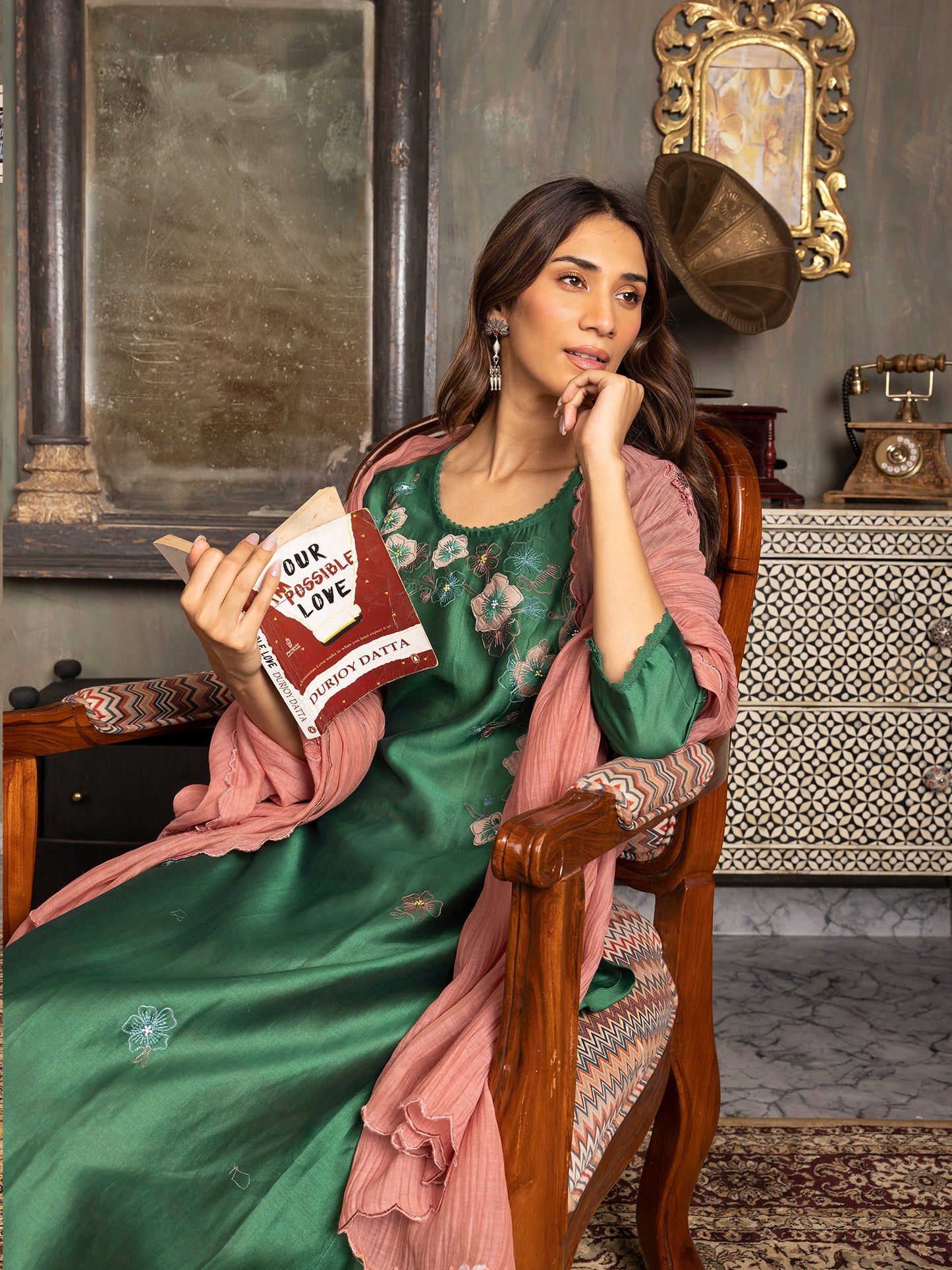 Bottle green silk chanderi thread and fabric cutwork work kurta set