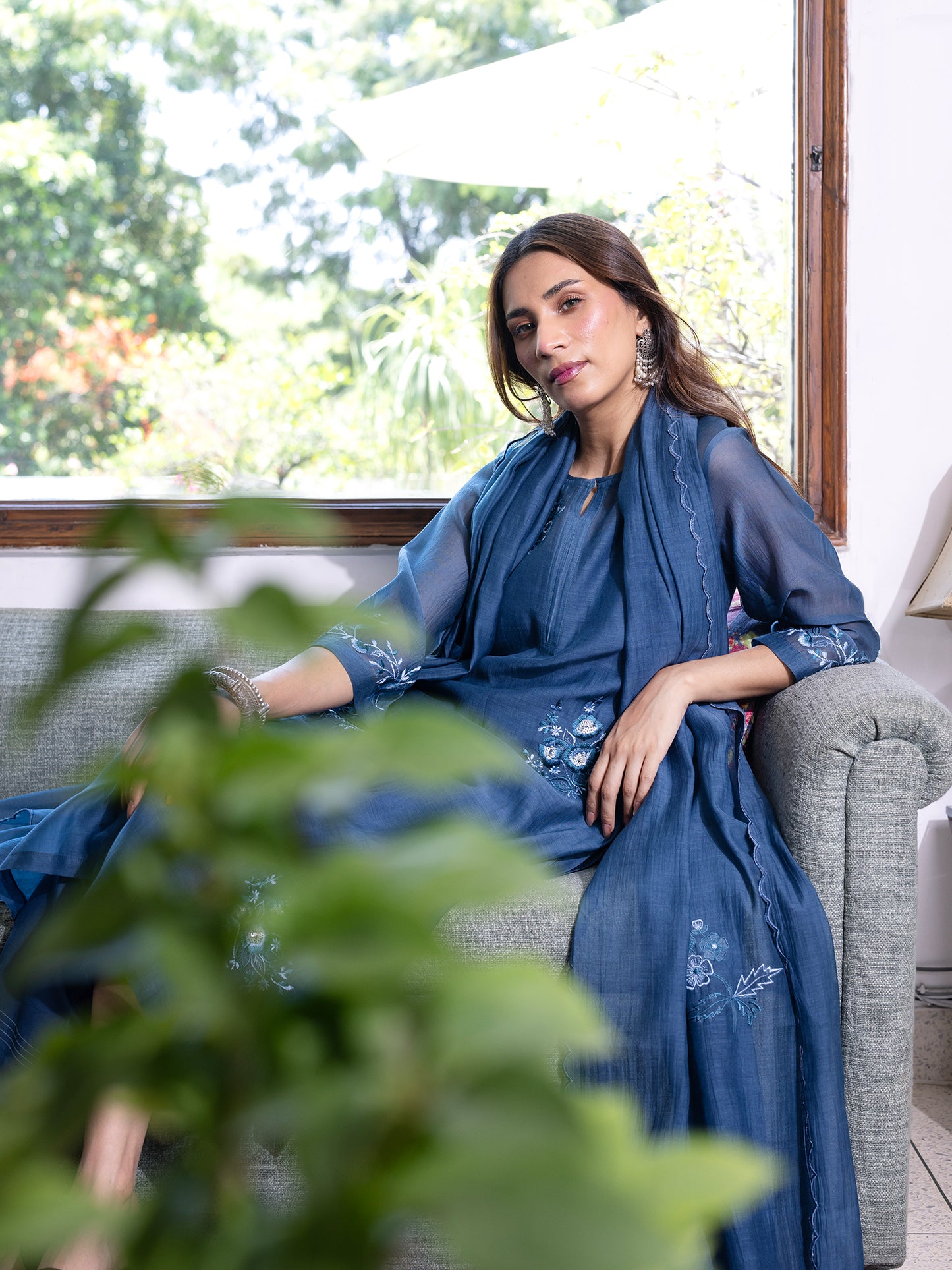 Teal blue mul chanderi thread with sequence and bead work kurta