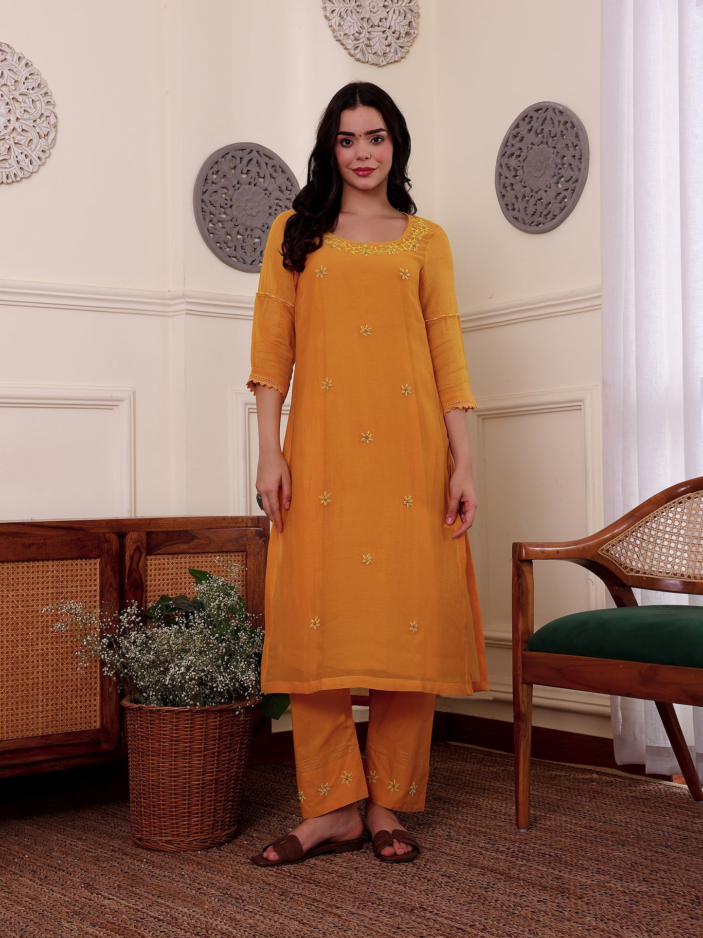 Yellow mul chanderi bead work kurta set