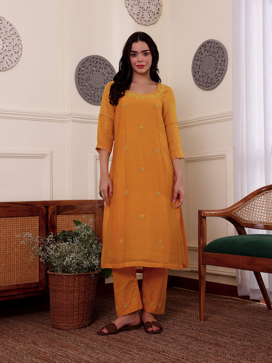 Yellow mul chanderi bead work kurta