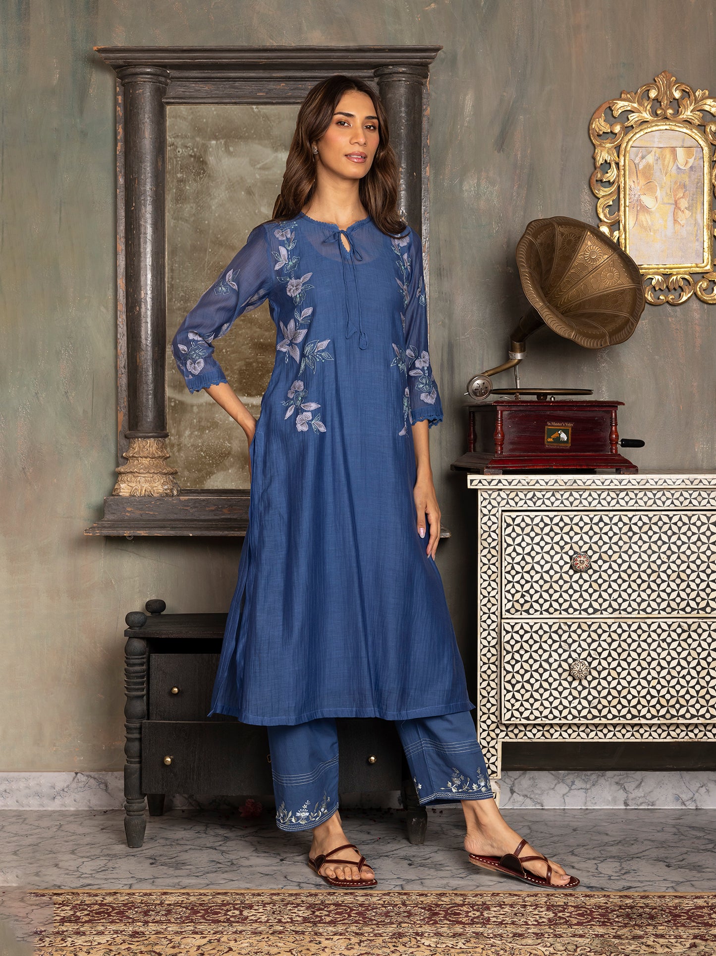 Navy blue mul chanderi thread and fabric cutwork kurta set