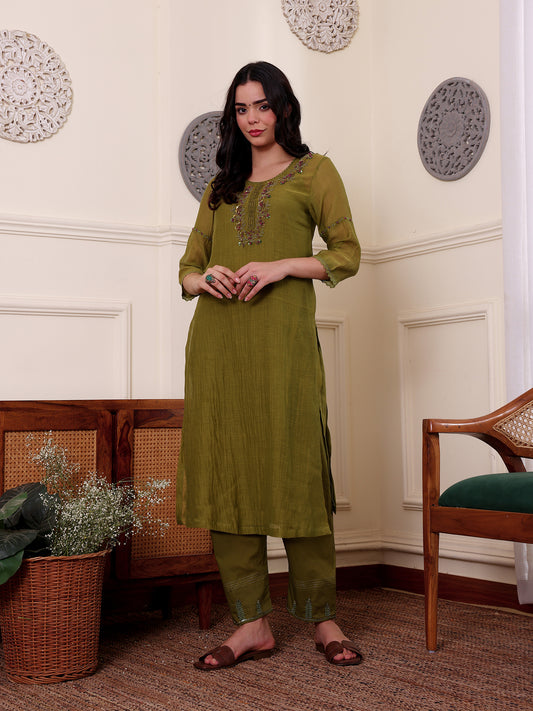 Mehndi green mul chanderi beadwork kurta
