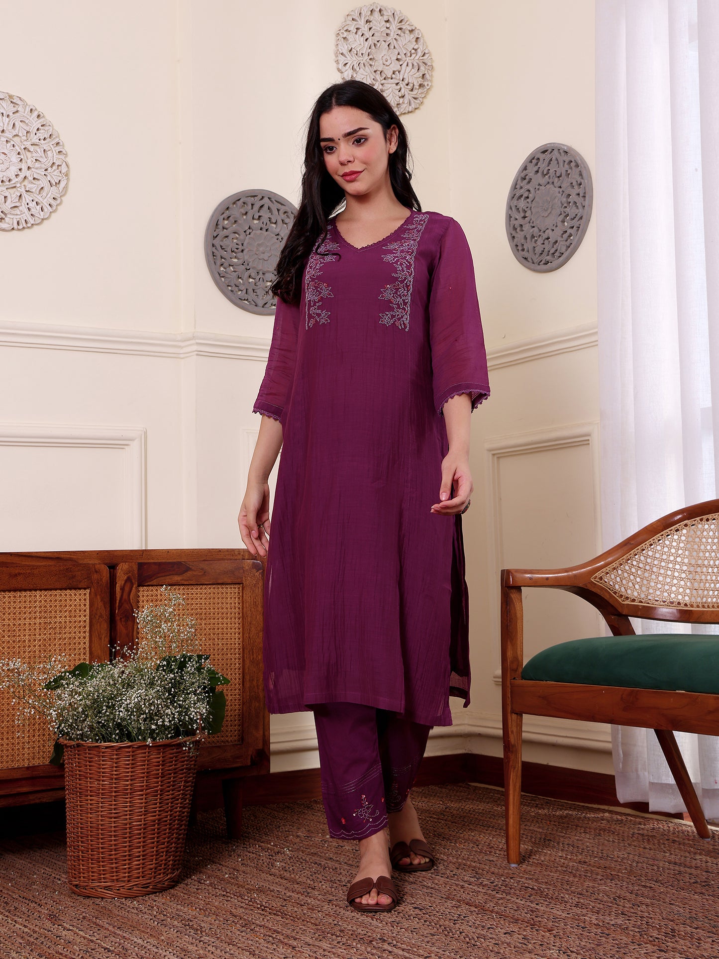 Purple mul chanderi bead work kurta set