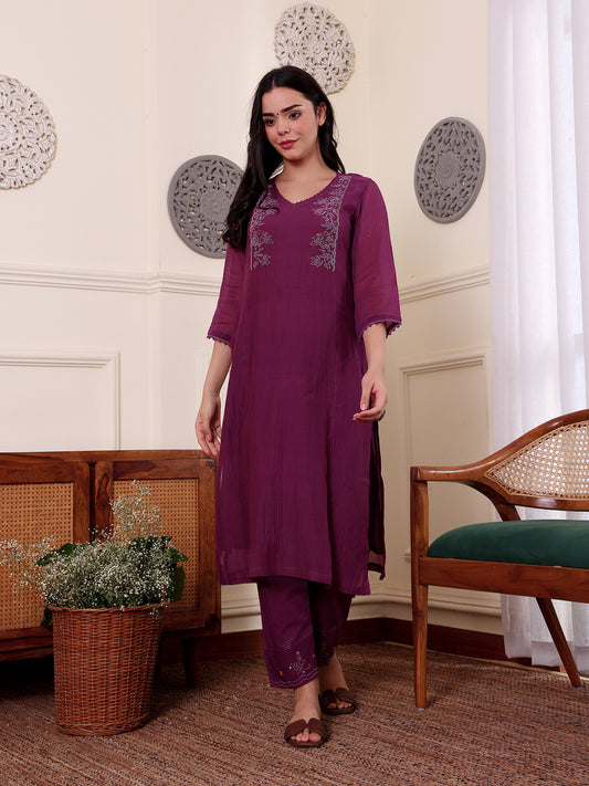 Purple mul chanderi bead work kurta