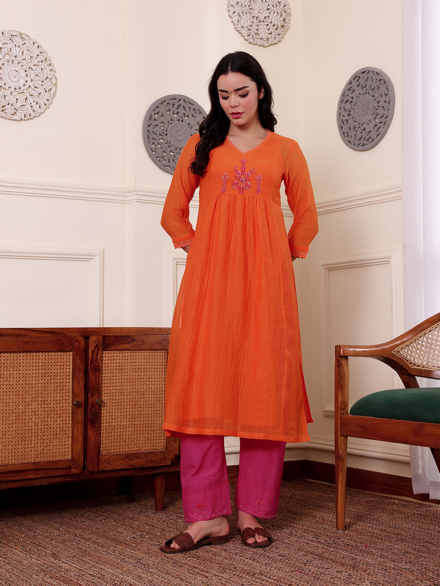 Orange mul chanderi beadwork kurta
