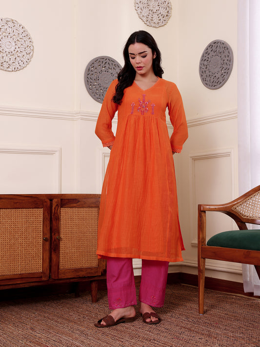 Orange mul chanderi beadwork kurta