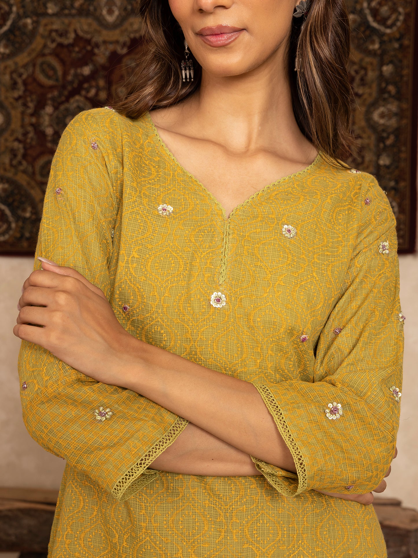 Parrot green hand block print kota cotton with zardozi hand embroidery kurta