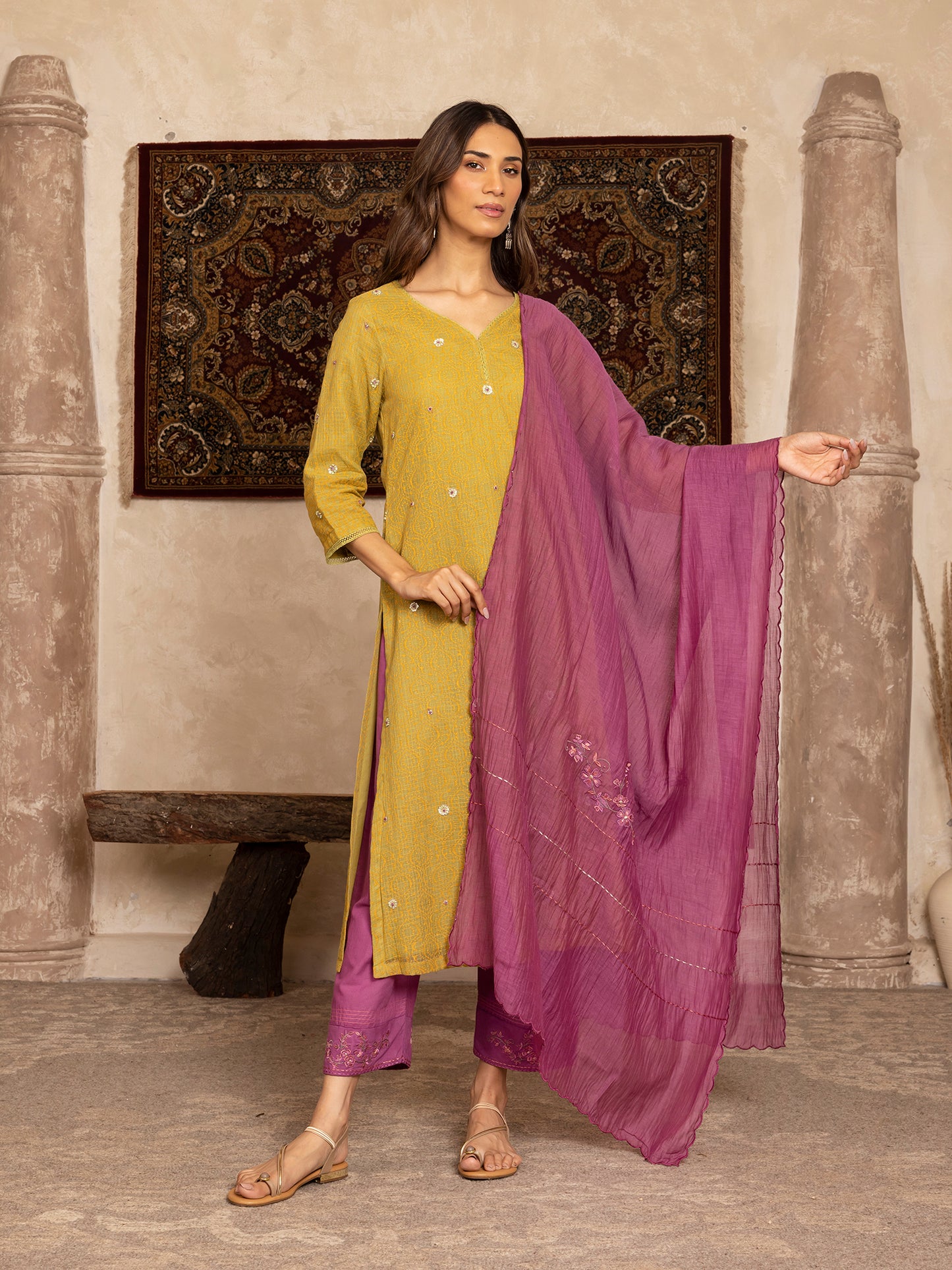 Parrot green hand block print kota cotton with zardozi hand embroidery kurta