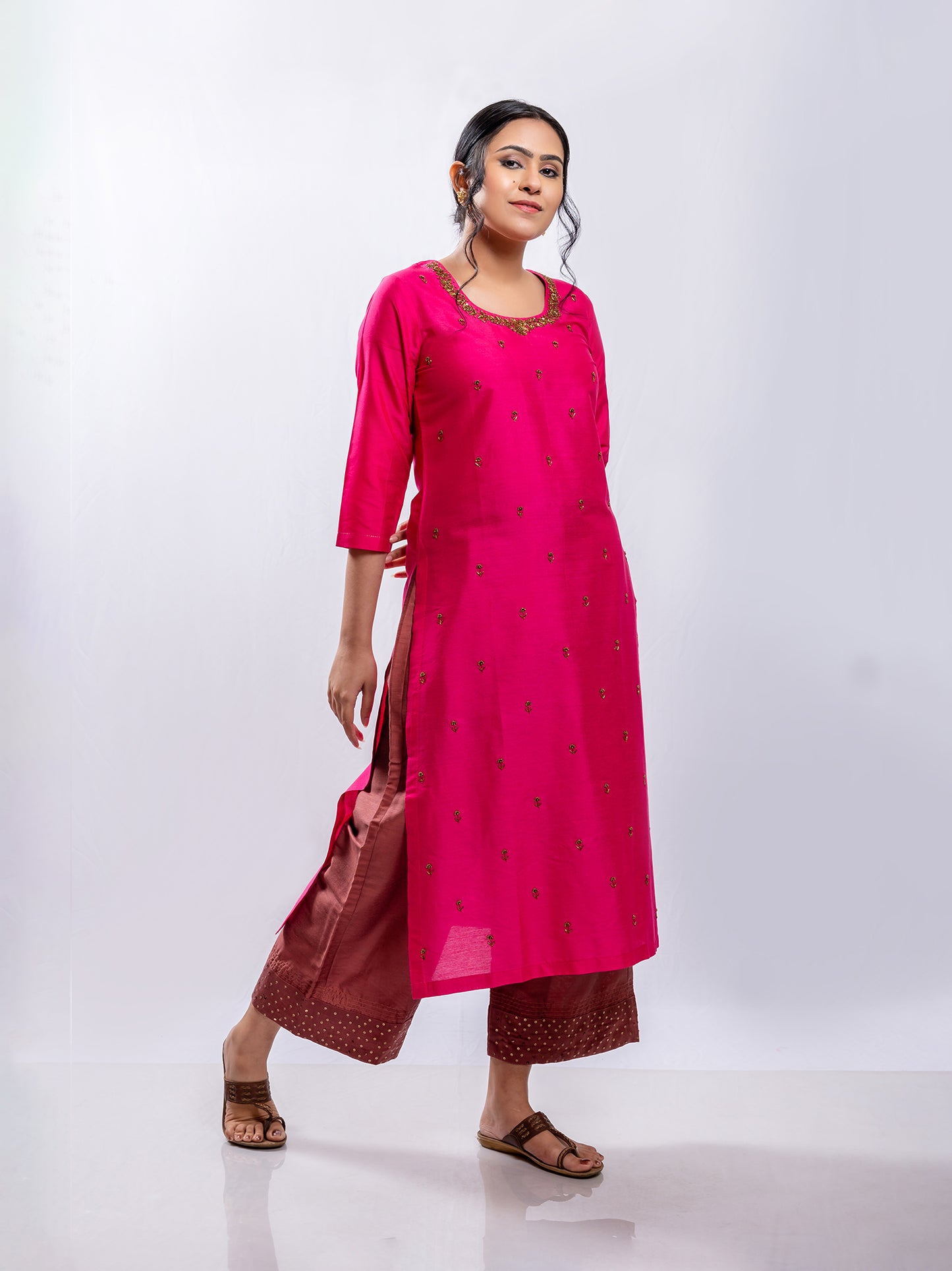 Rani pink cotton silk aari hand embroidery kurta set