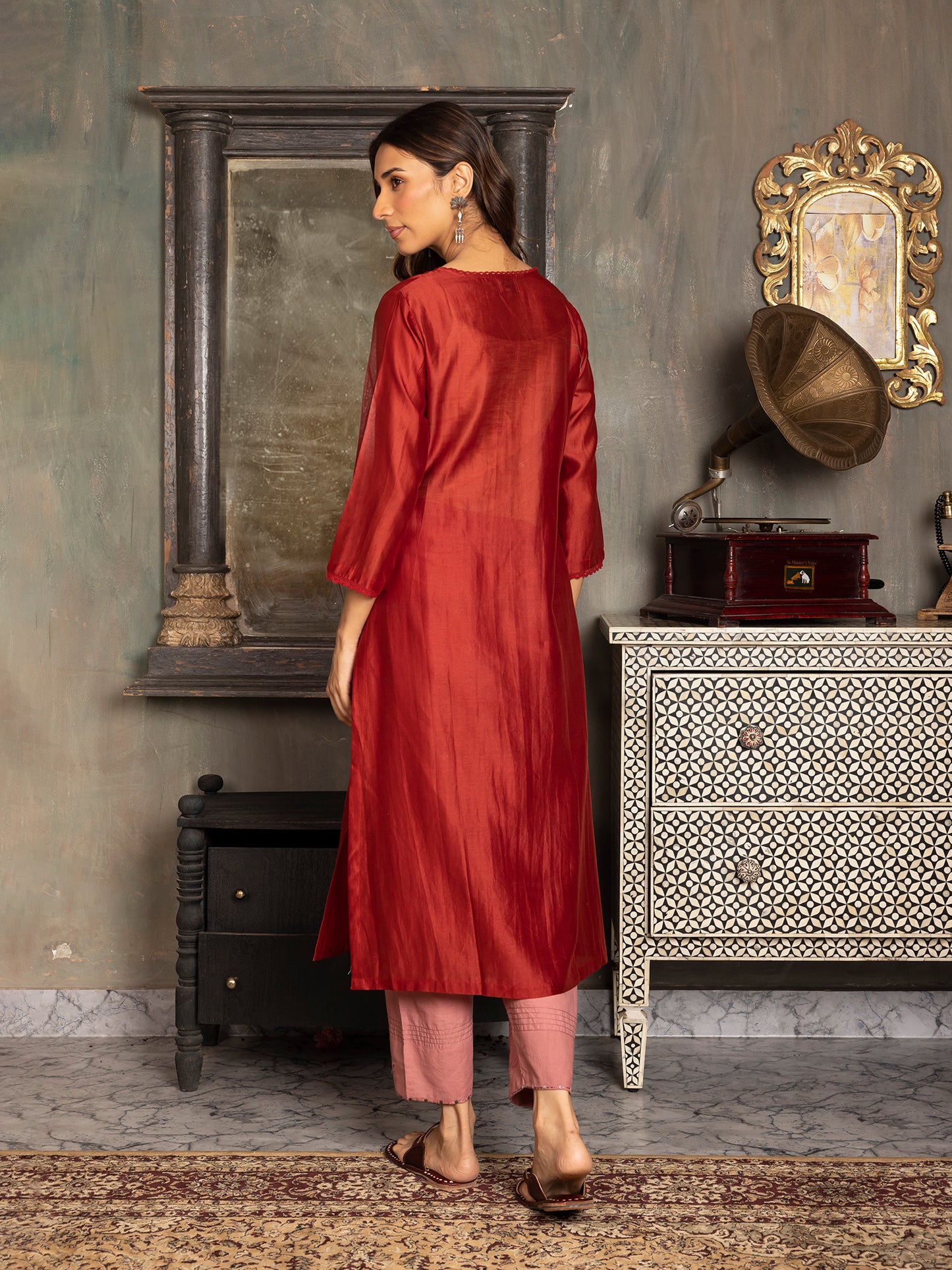Red silk chanderi thread and fabric cutwork work kurta