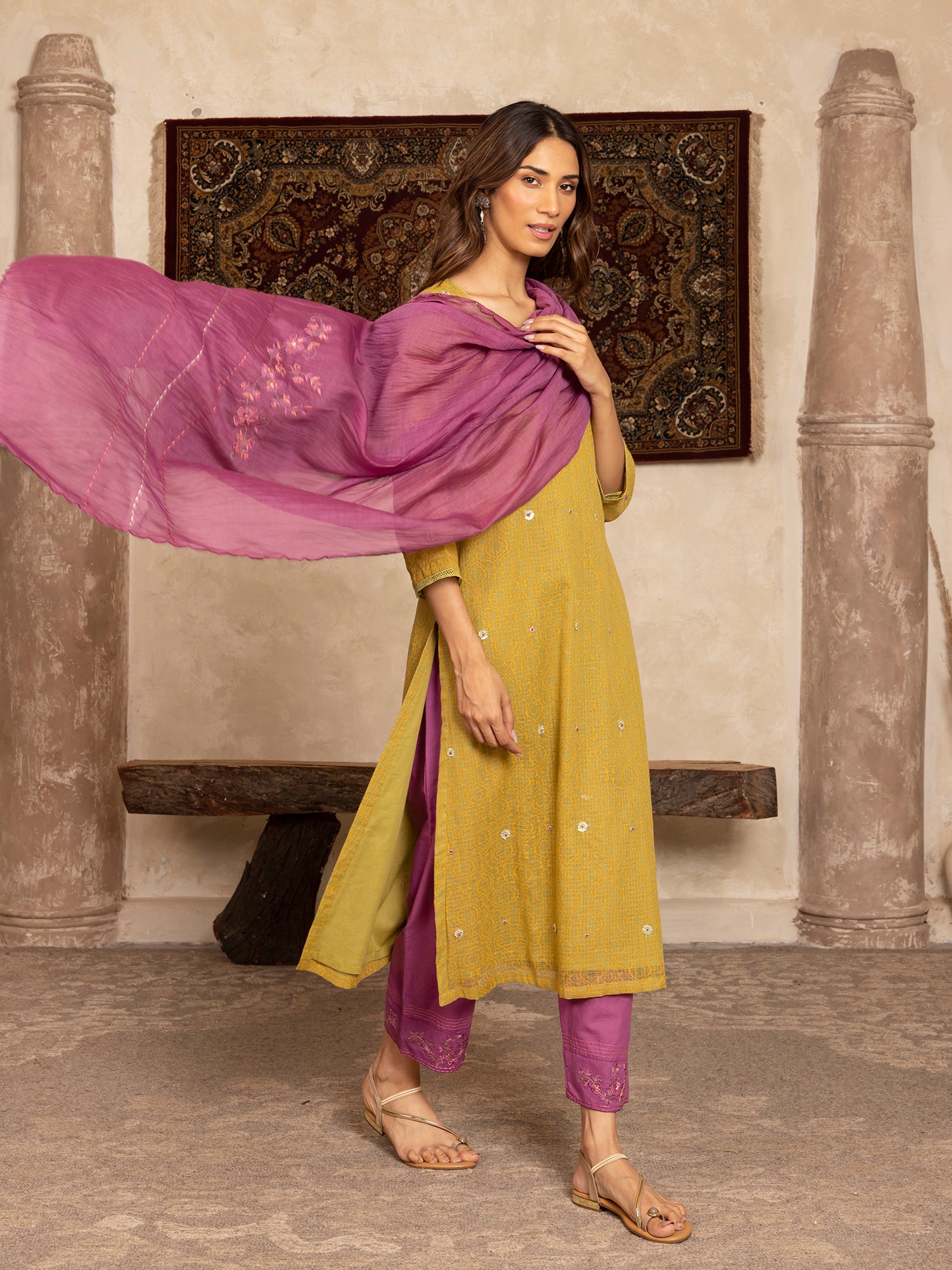 Parrot green hand block print kota cotton with zardozi hand embroidery kurta