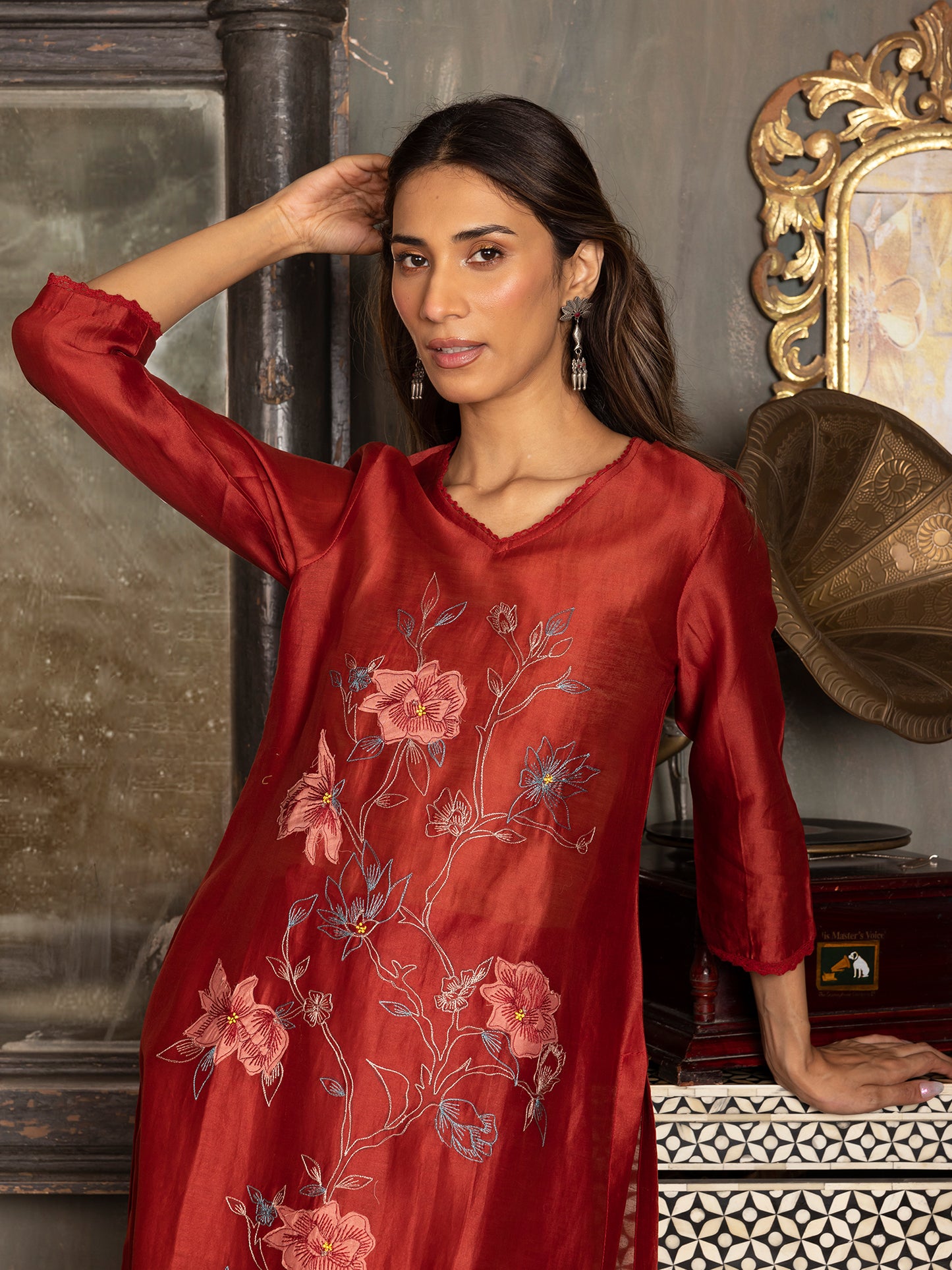 Red silk chanderi thread and fabric cutwork work kurta