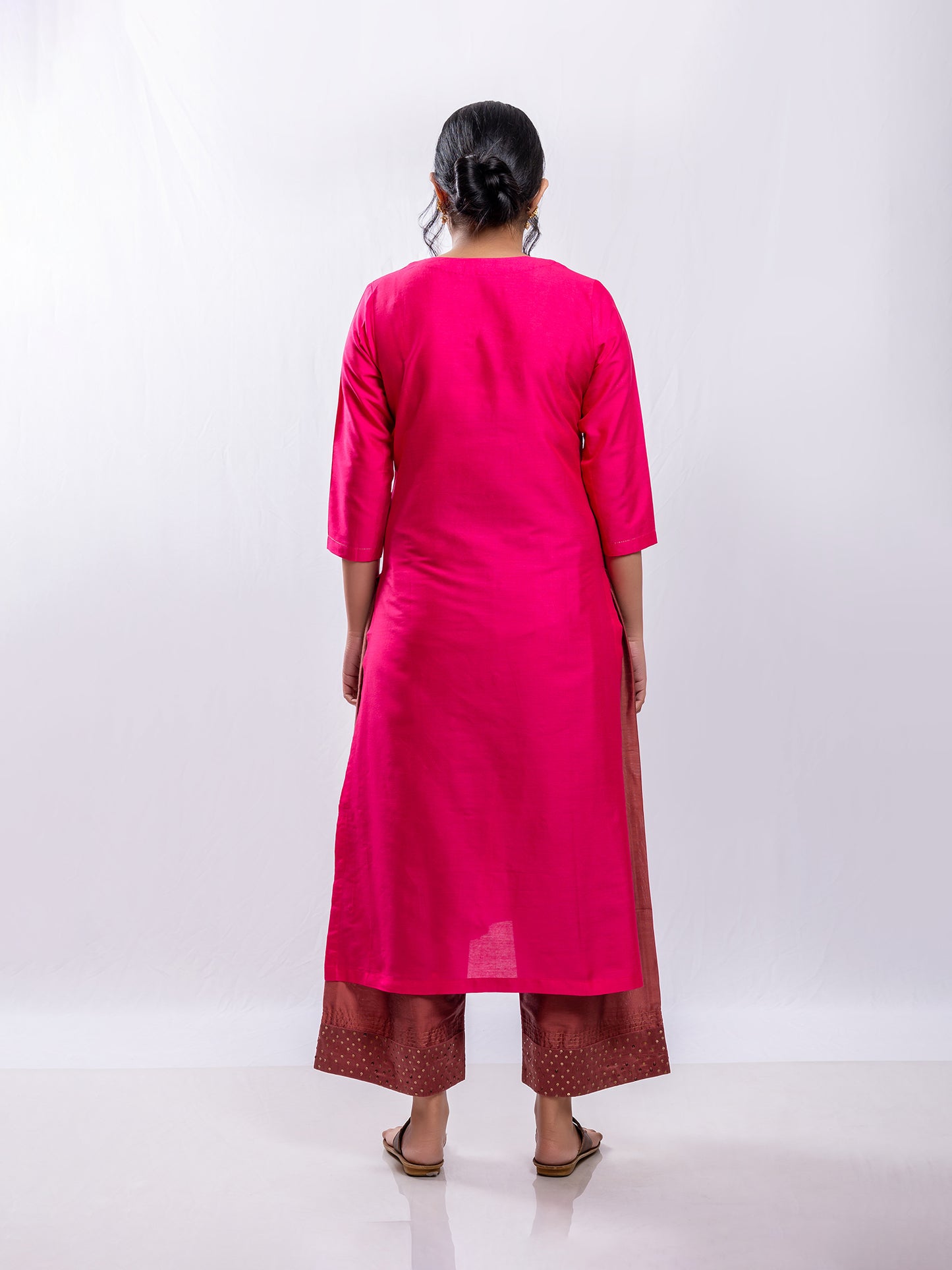 Rani pink cotton silk aari hand embroidery kurta set