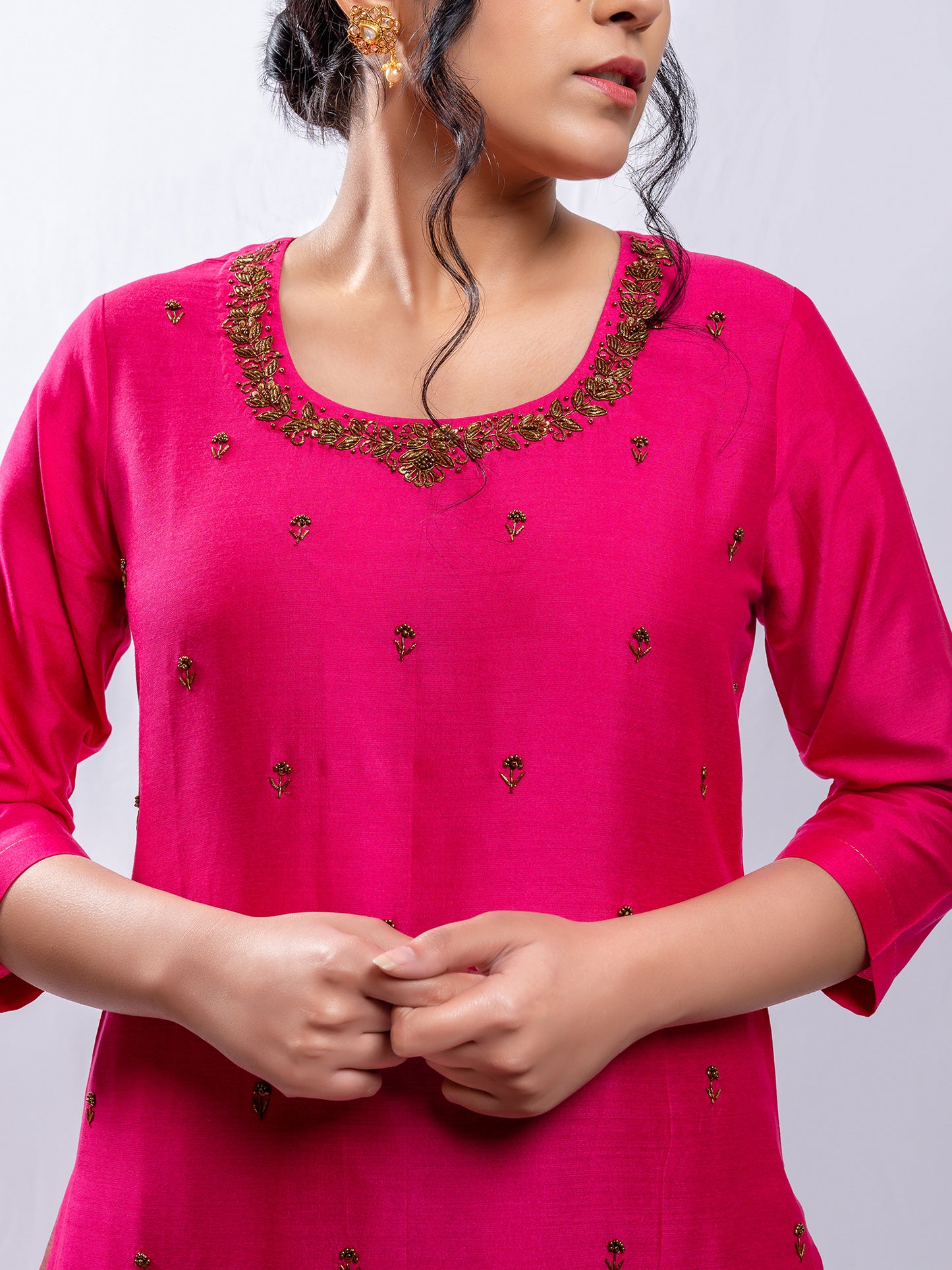 Rani pink cotton silk aari hand embroidery kurta set