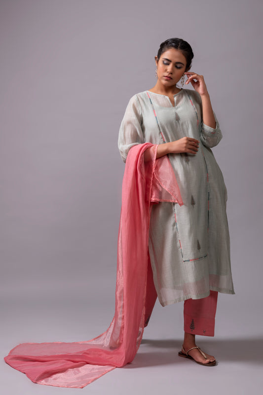 Sea Blue Fine Chanderi Kurta Set