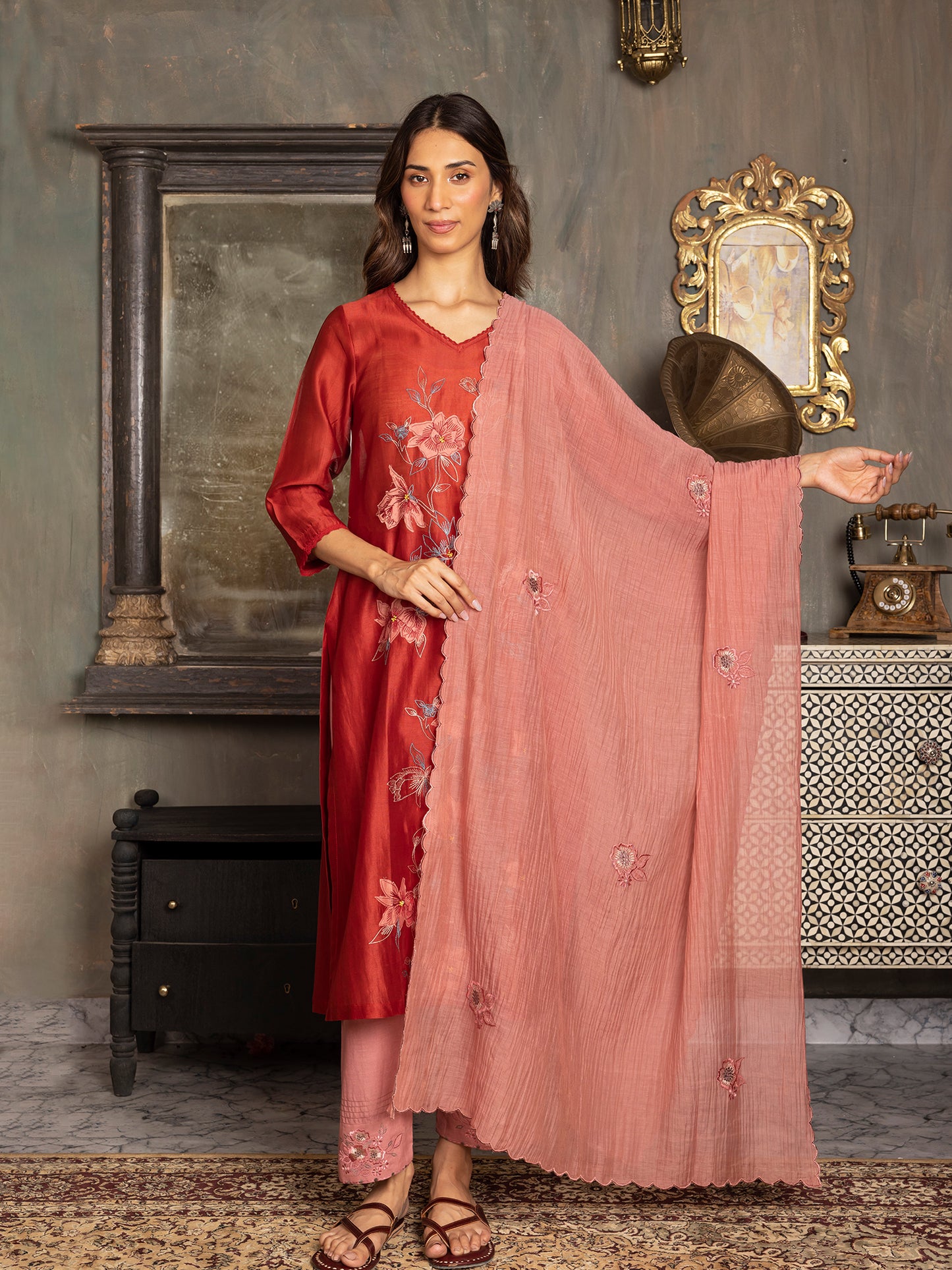 Red silk chanderi thread and fabric cutwork work kurta