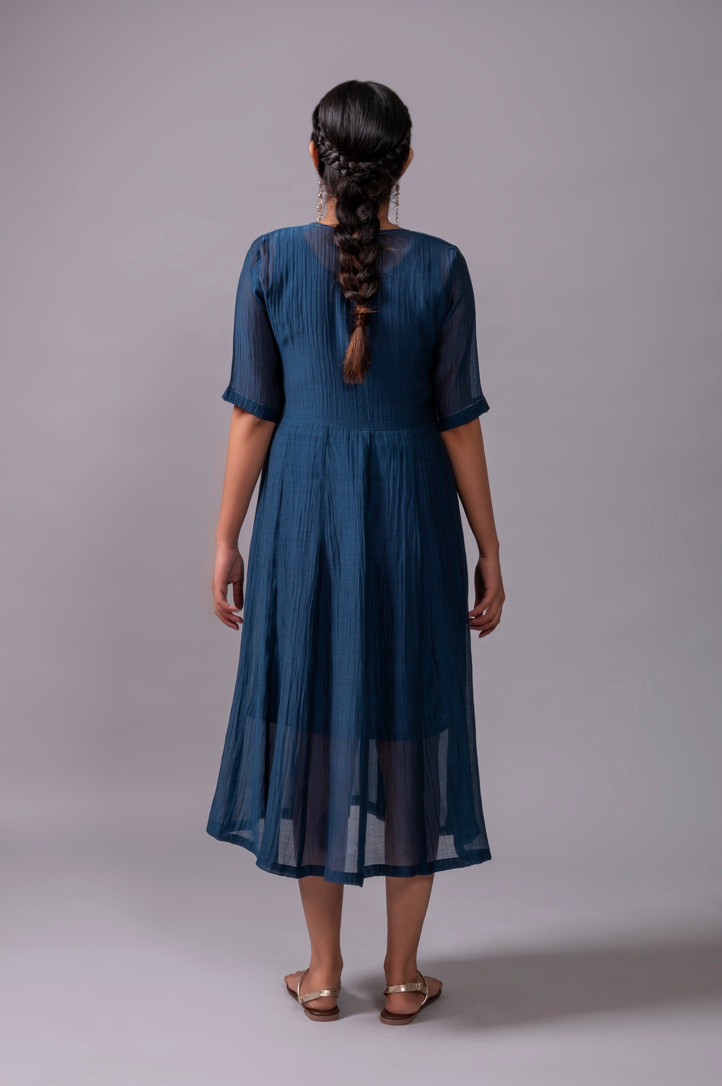 Navy Blue Fine Chanderi Flared Dress