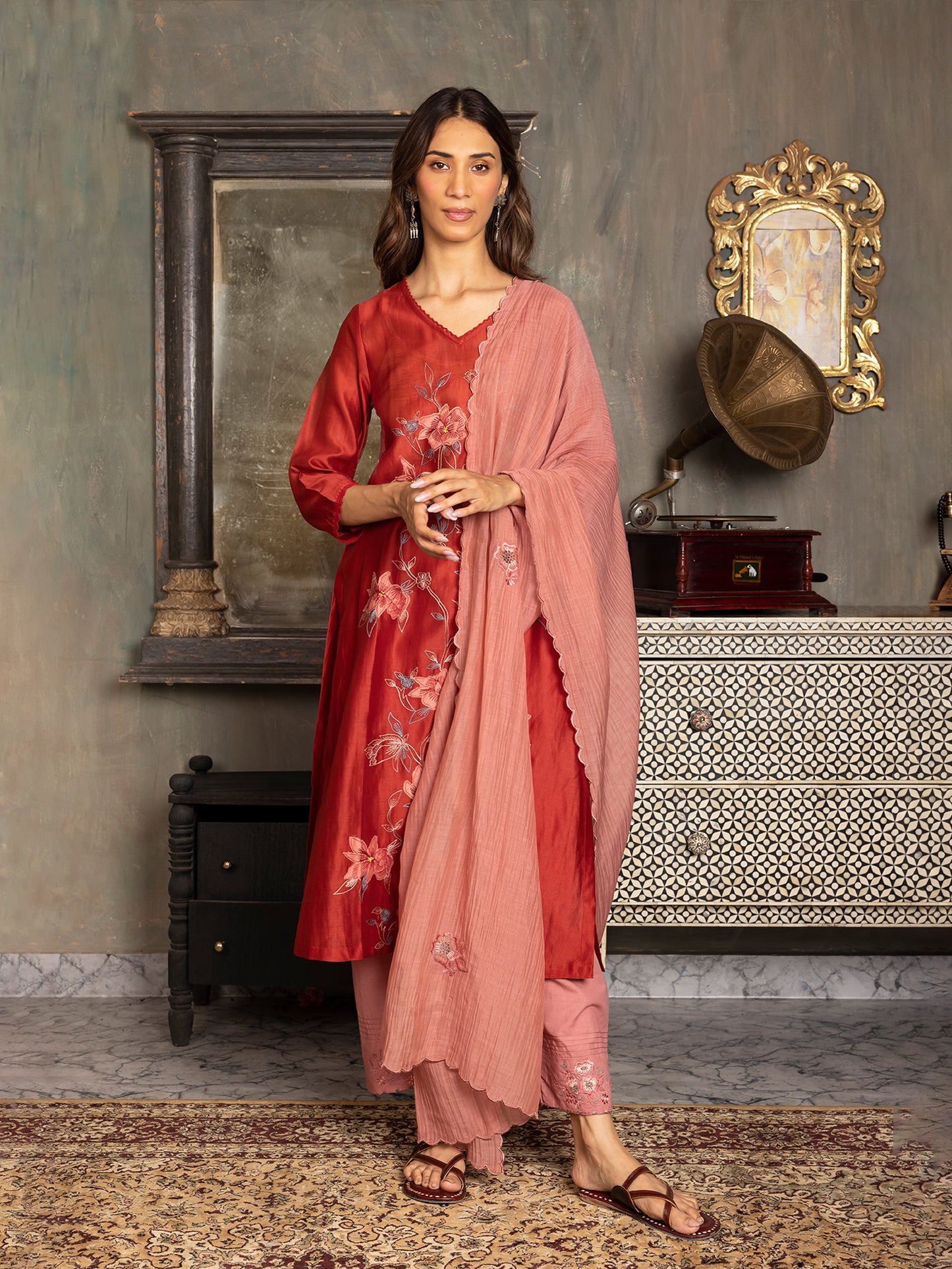 Red silk chanderi thread and fabric cutwork work kurta