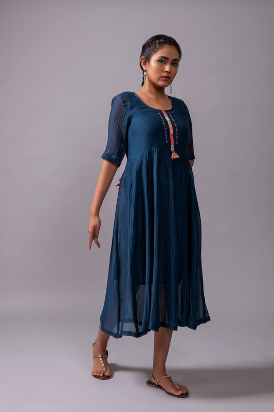 Navy Blue Fine Chanderi Flared Dress