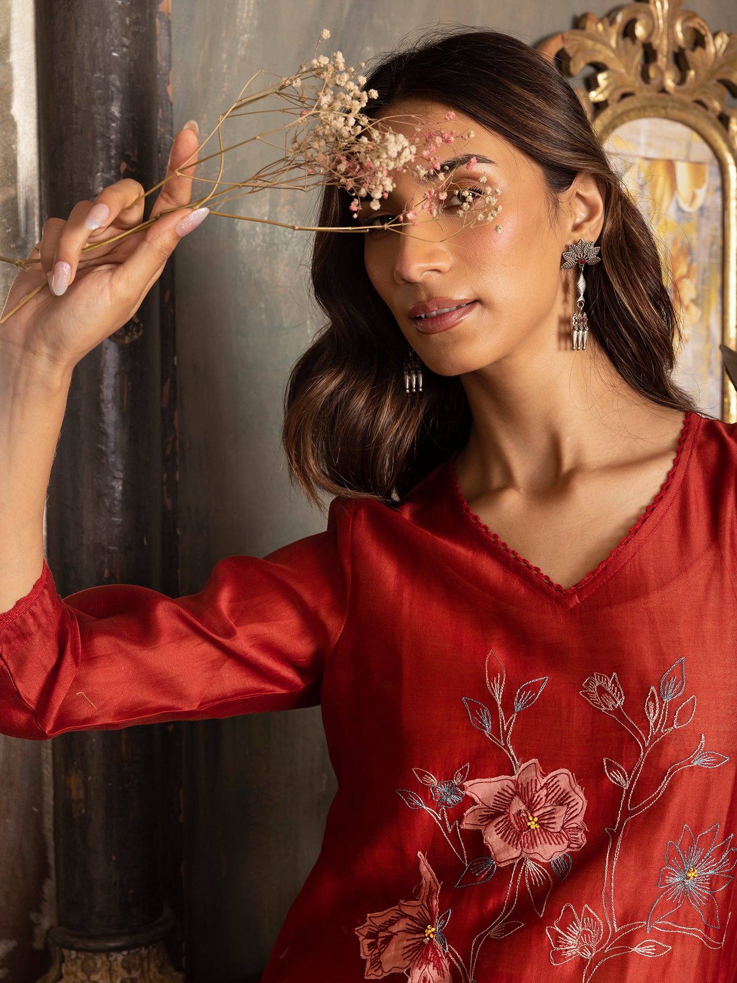 Red silk chanderi thread and fabric cutwork work kurta