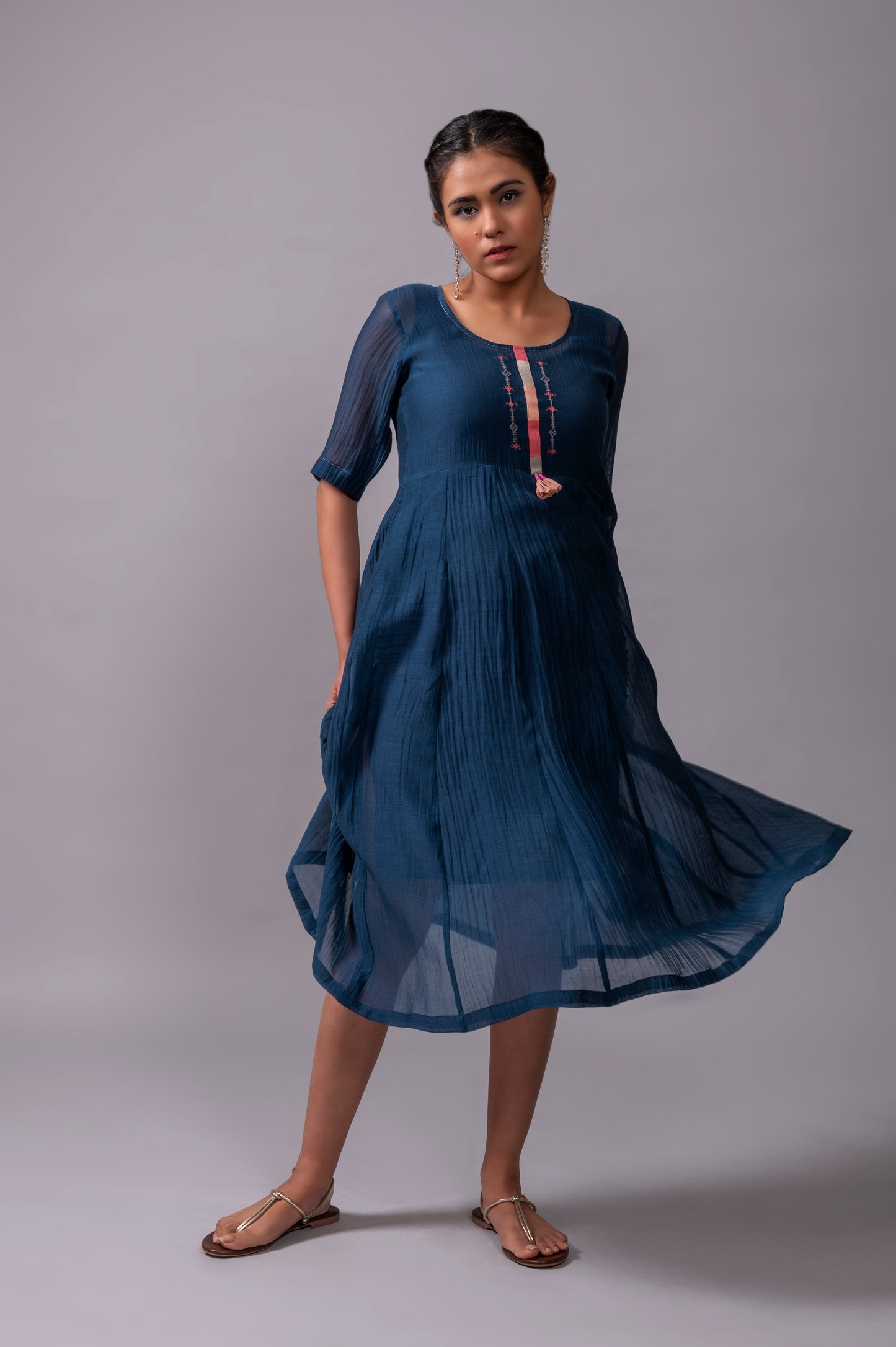 Navy Blue Fine Chanderi Flared Dress