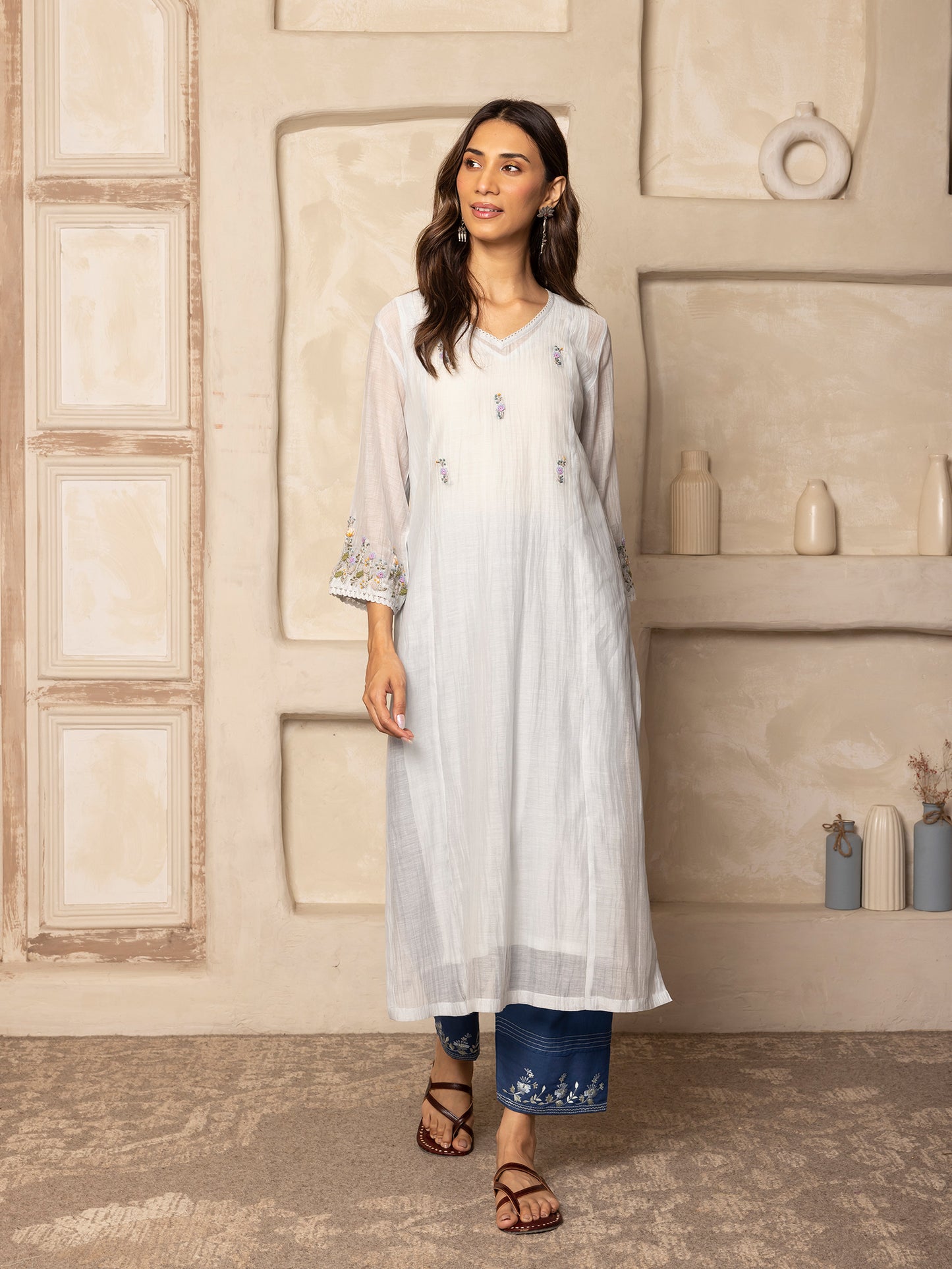 Light sky blue mul chanderi thread with crochet hand embroidery kurta