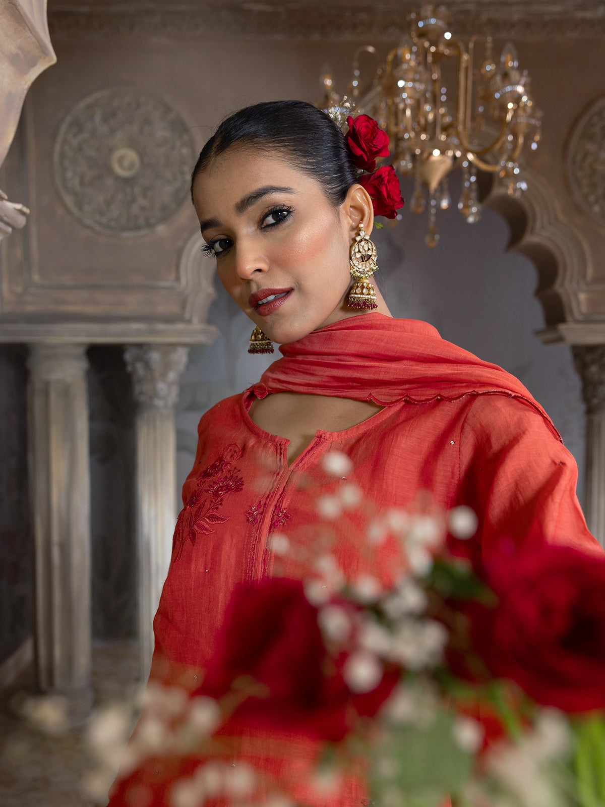 Rust orange mul chanderi thread with mirror and sequence embroidery kurta set