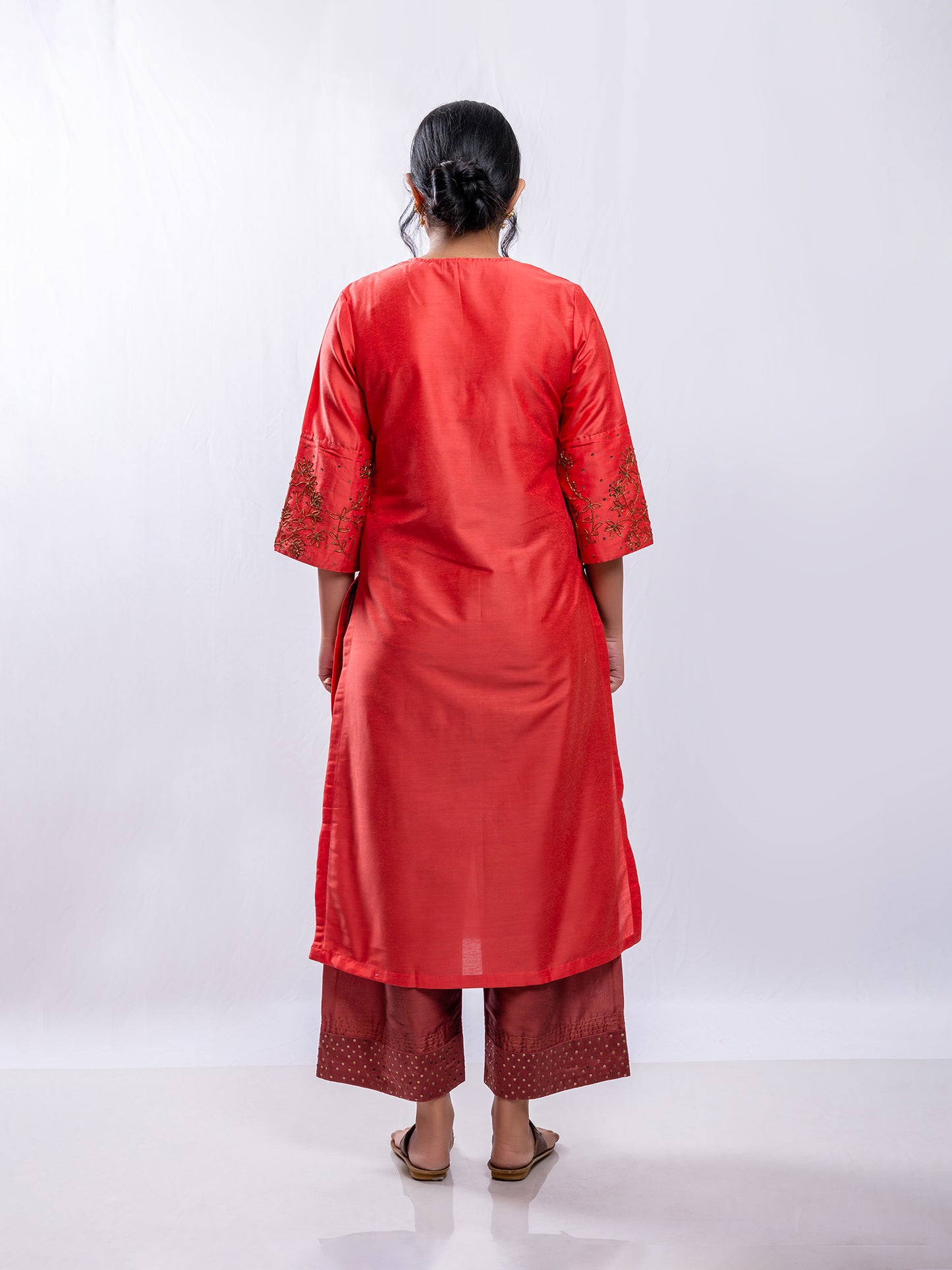 Coral cotton silk aari hand embroidery kurta