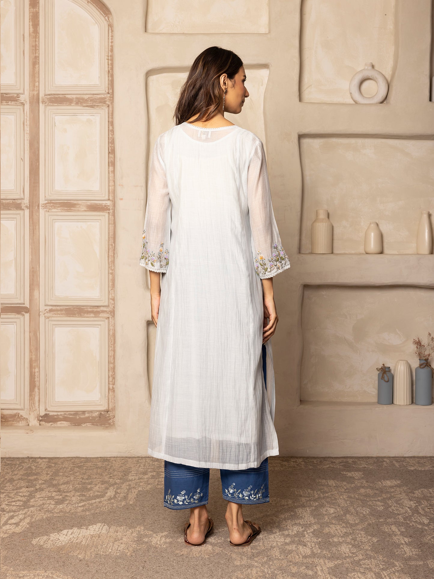 Light sky blue mul chanderi thread with crochet hand embroidery kurta