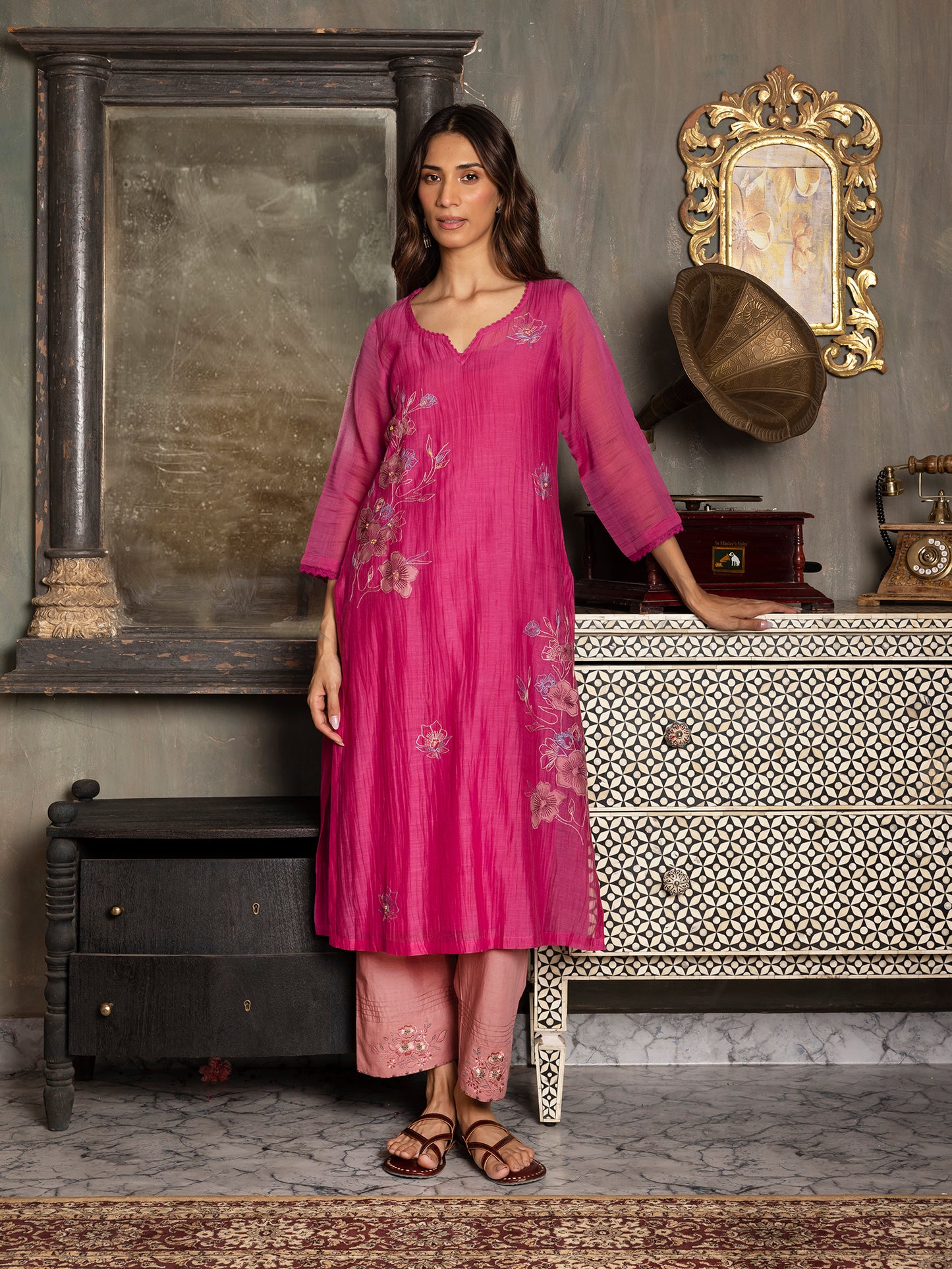 Rani pink mul chanderi thread and fabric cutwork work kurta set