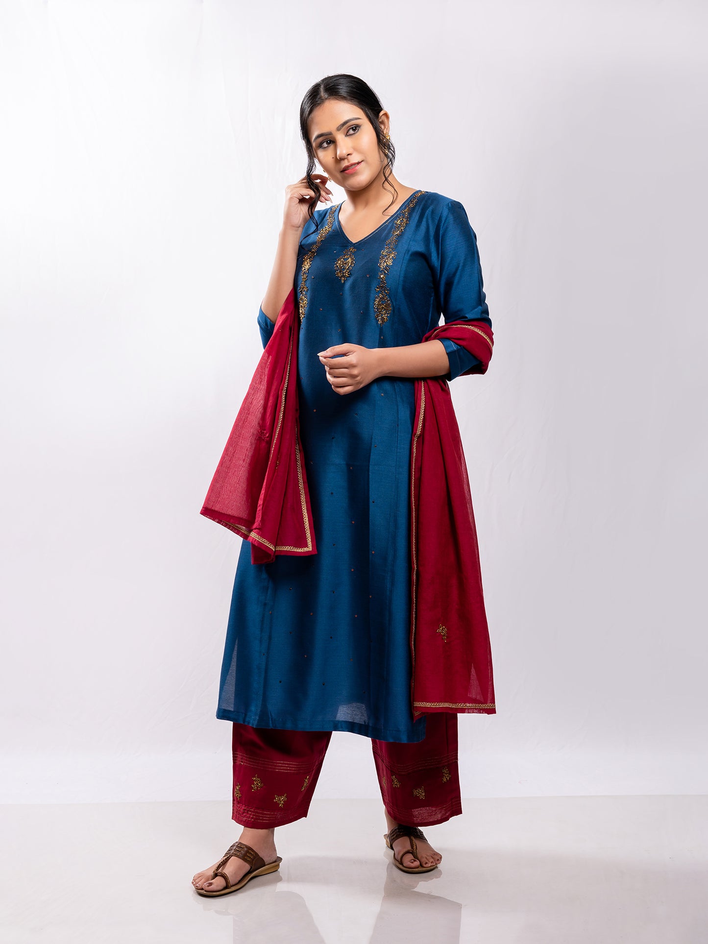 navy blue cotton silk aari hand embroidery kurta set