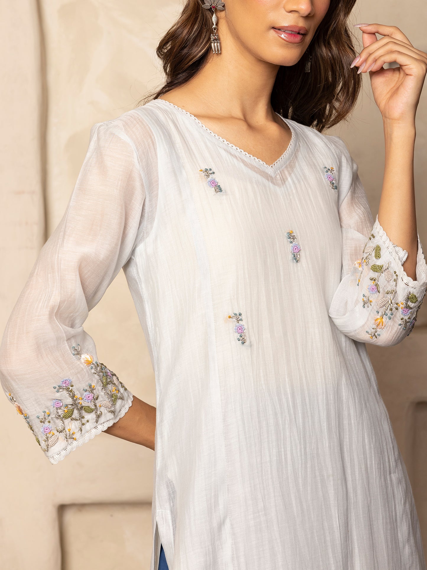 Light sky blue mul chanderi thread with crochet hand embroidery kurta