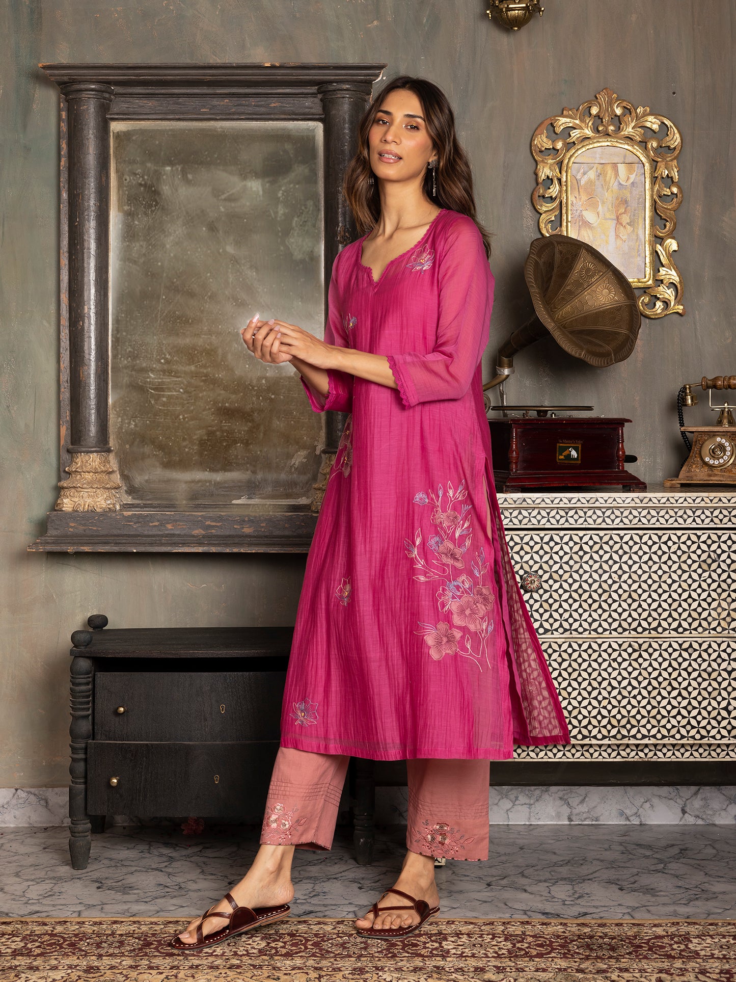 Rani pink mul chanderi thread and fabric cutwork work kurta set