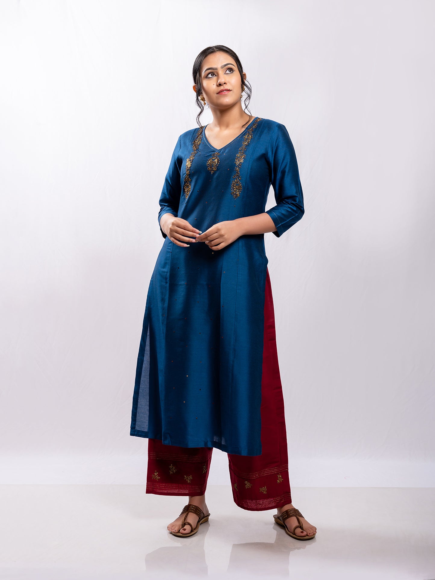 navy blue cotton silk aari hand embroidery kurta