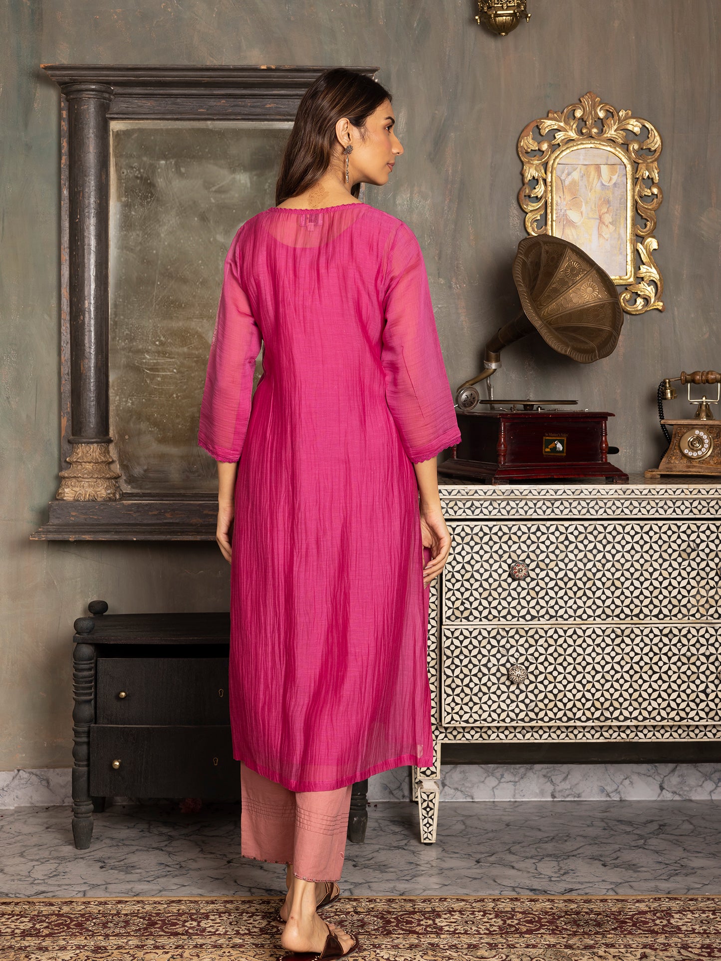 Rani pink mul chanderi thread and fabric cutwork work kurta set