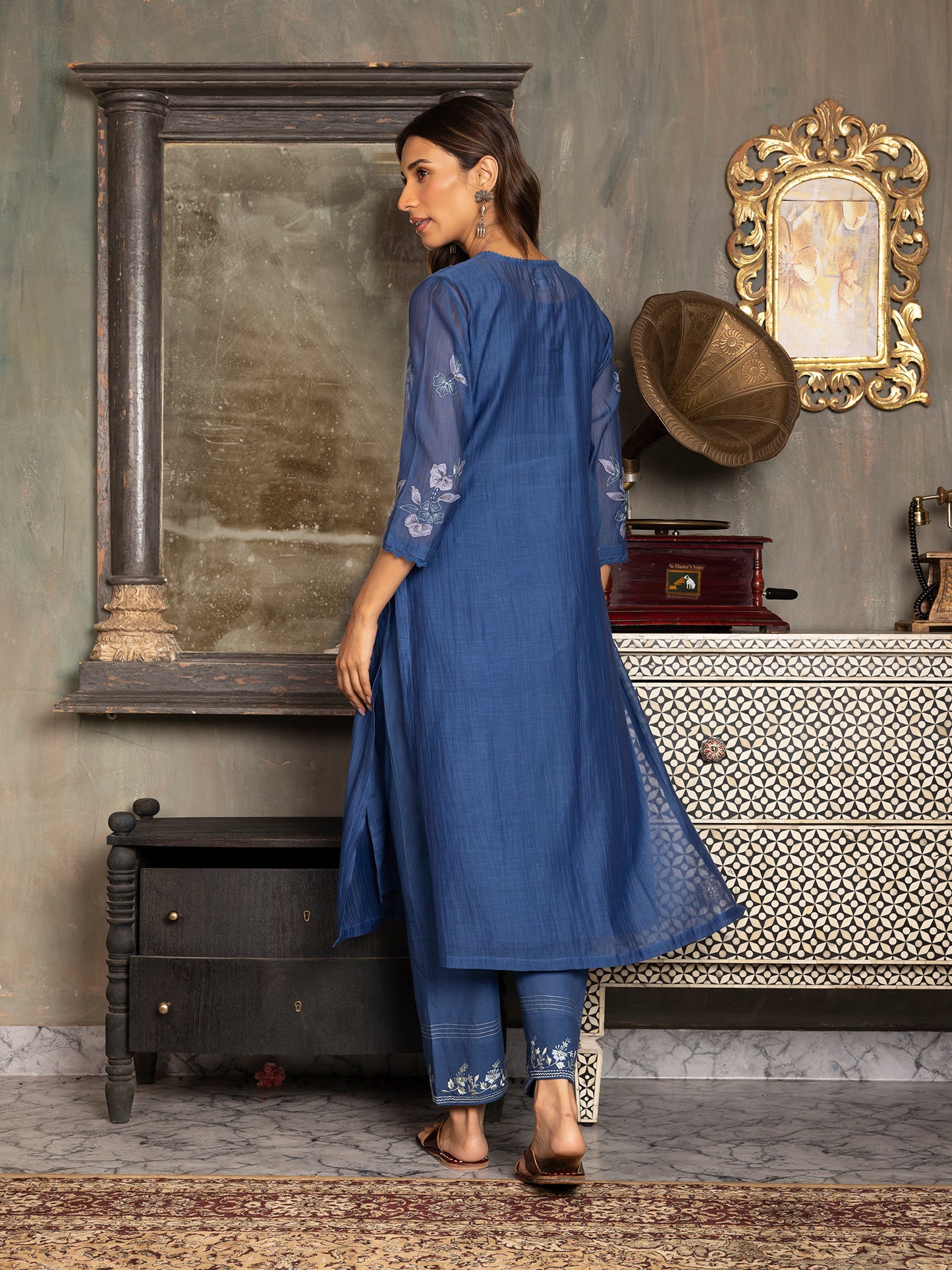 Navy blue mul chanderi thread and fabric cutwork kurta set