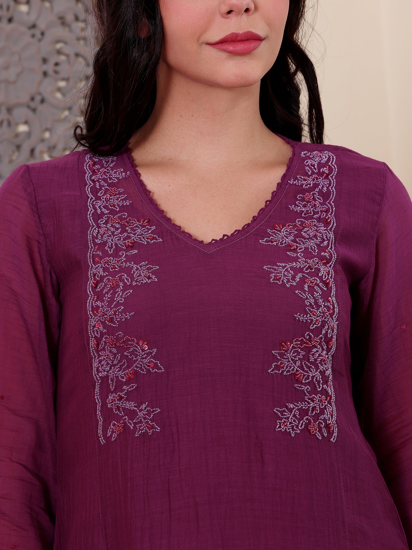 Purple mul chanderi bead work kurta set