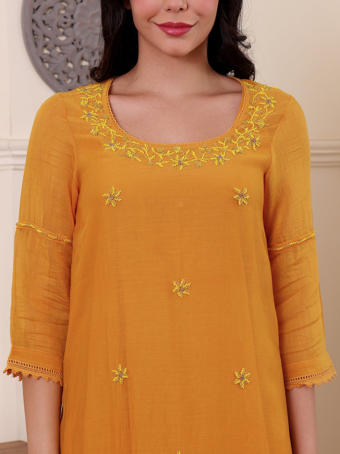 Yellow mul chanderi bead work kurta set