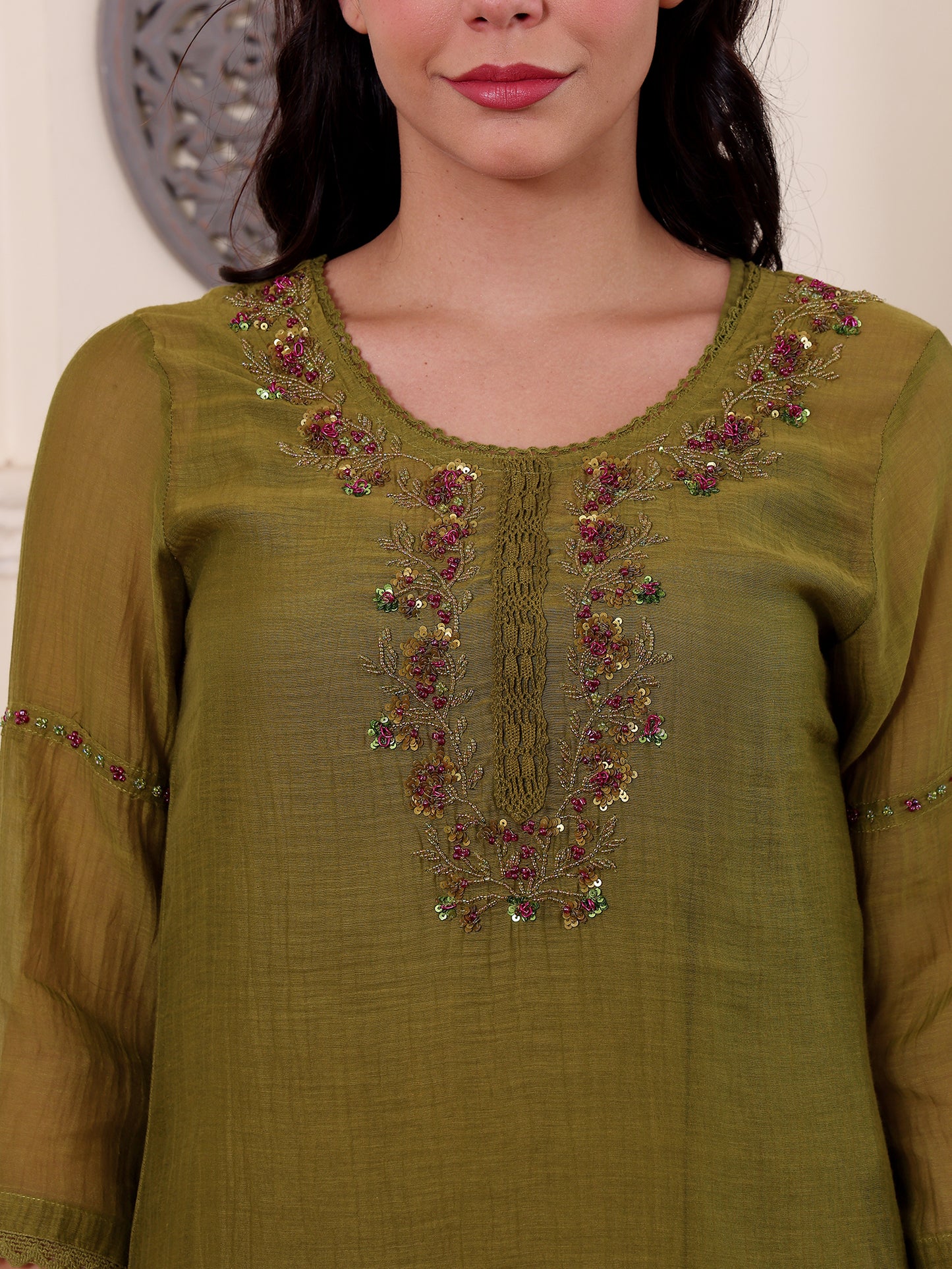 Mehndi green mul chanderi beadwork kurta set