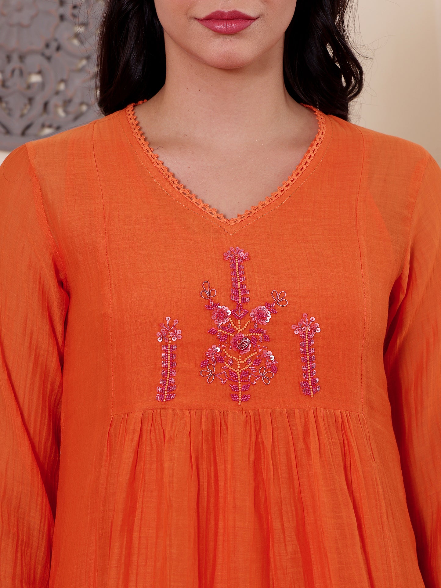 Orange mul chanderi beadwork kurta