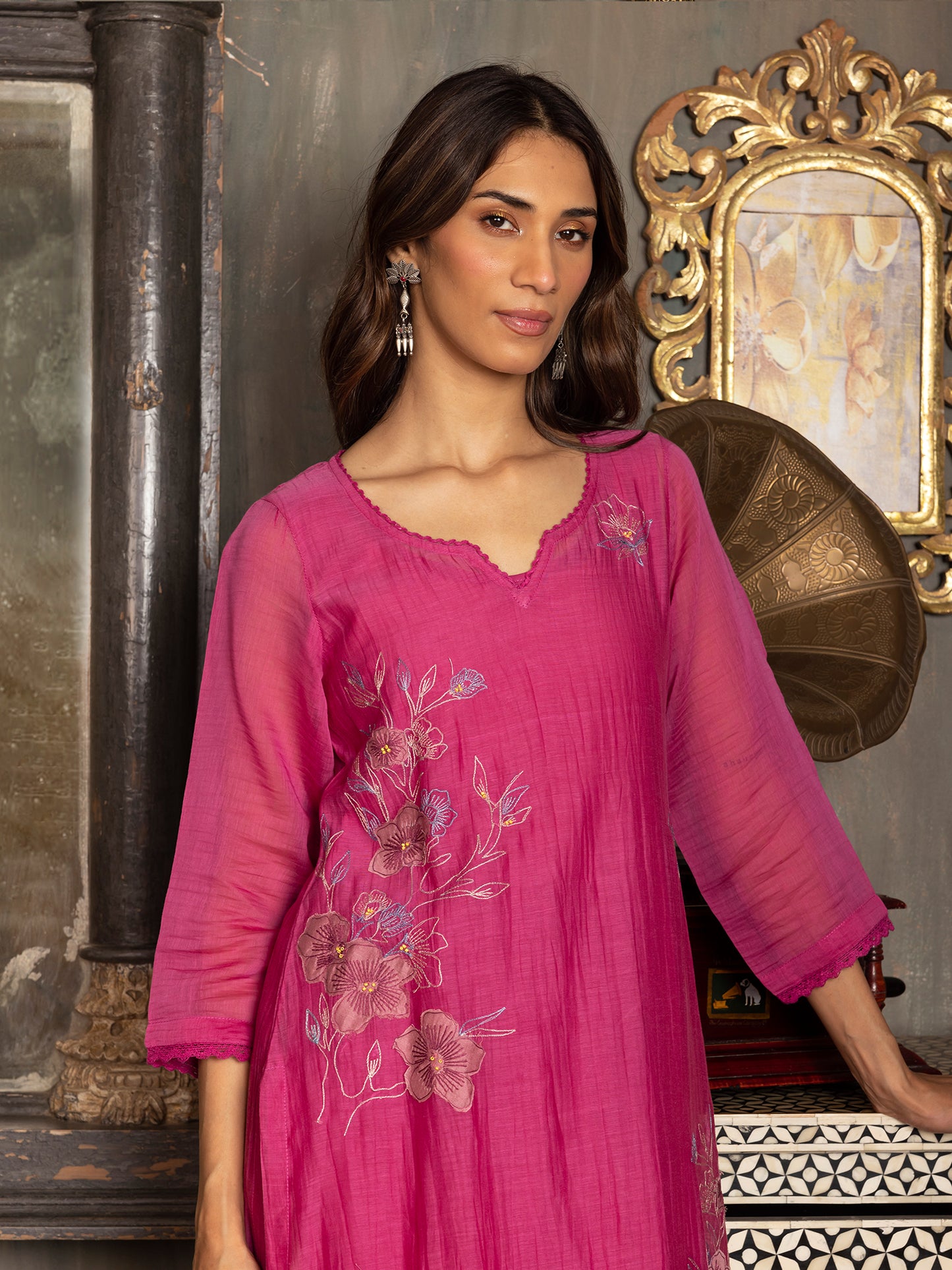 Rani pink mul chanderi thread and fabric cutwork work kurta set