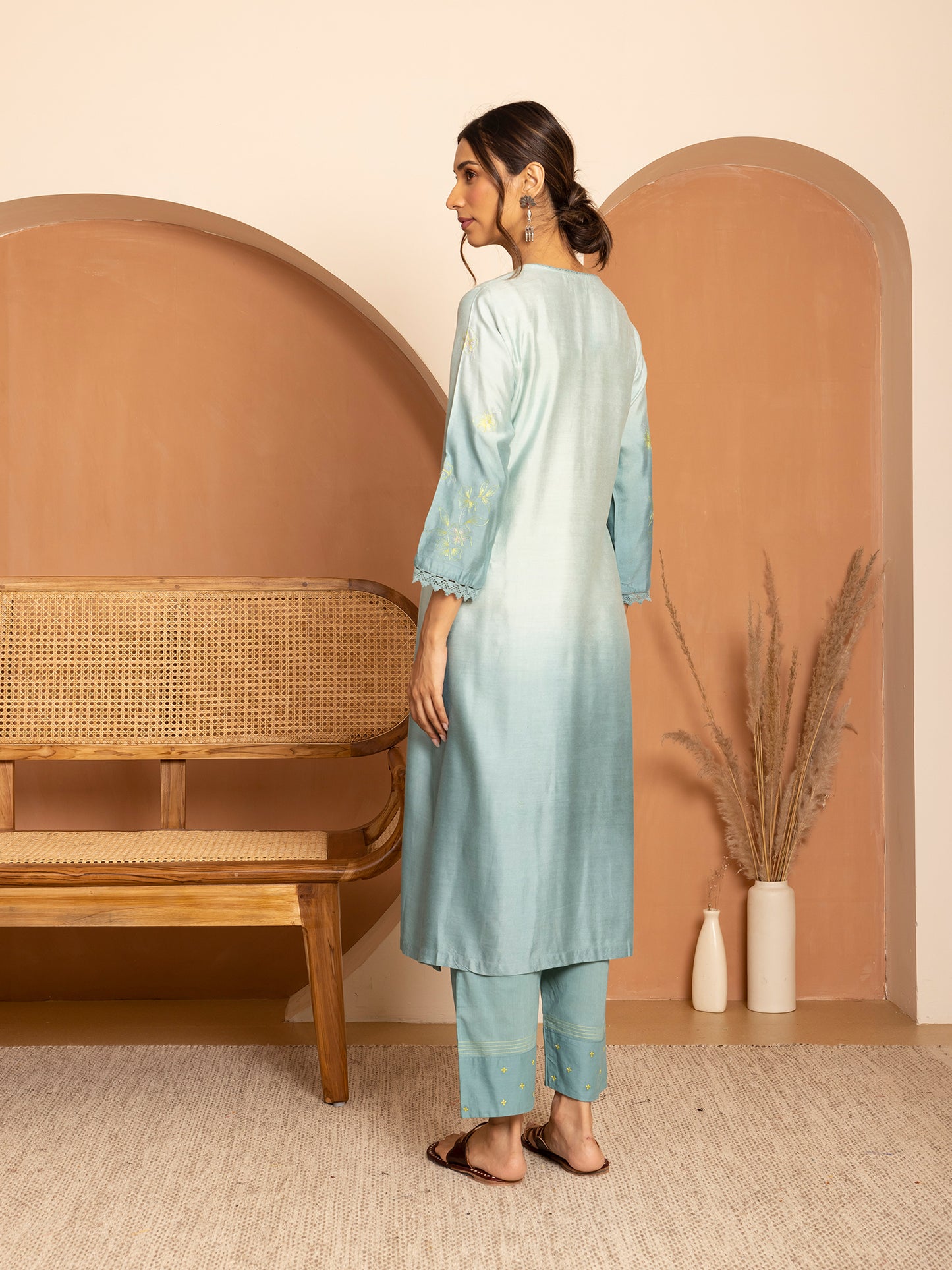 light blue and sea blue ombrey bamboo silk with thread and bead embroidery kurta set