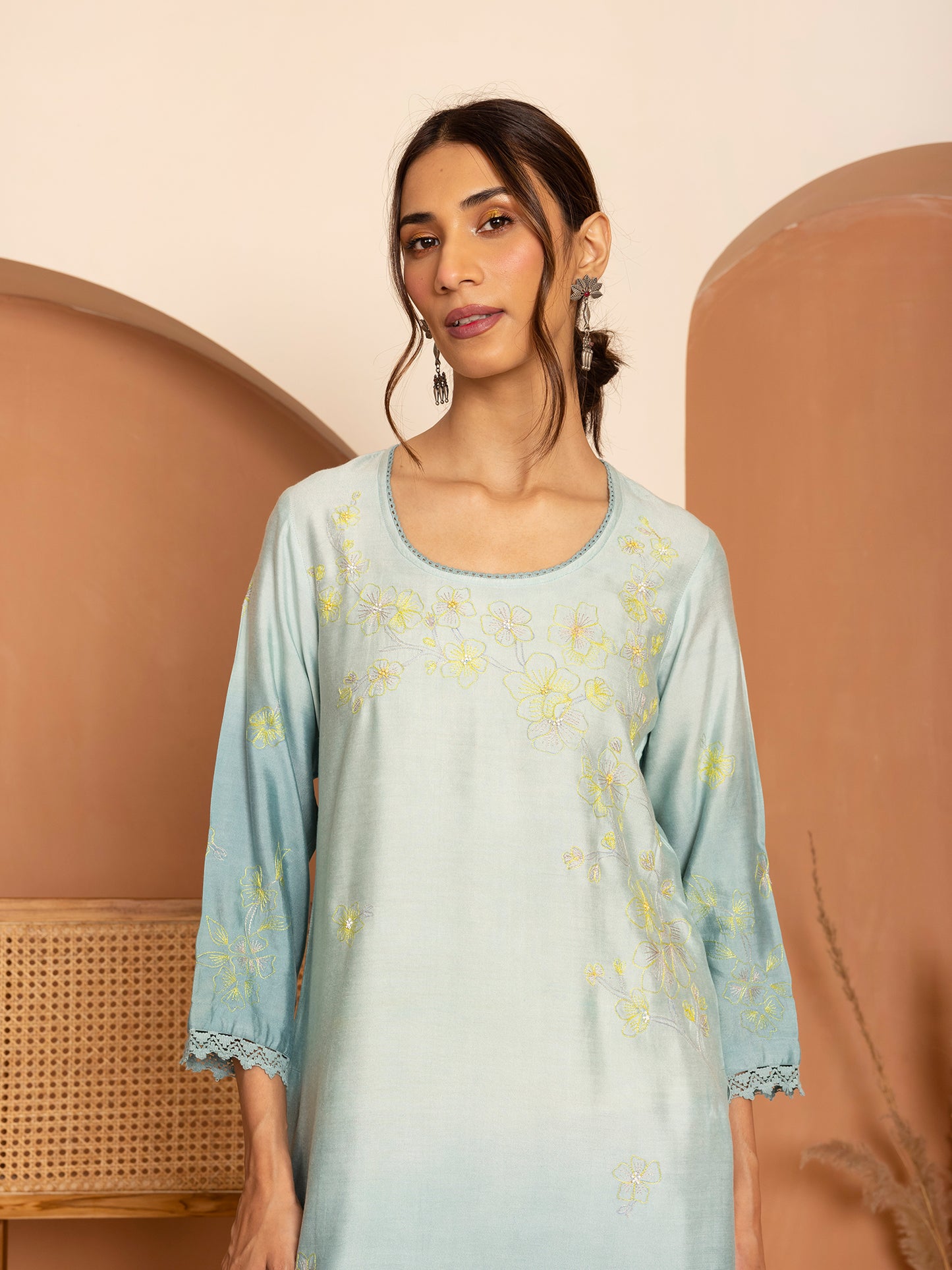 light blue and sea blue ombrey bamboo silk with thread and bead embroidery kurta set