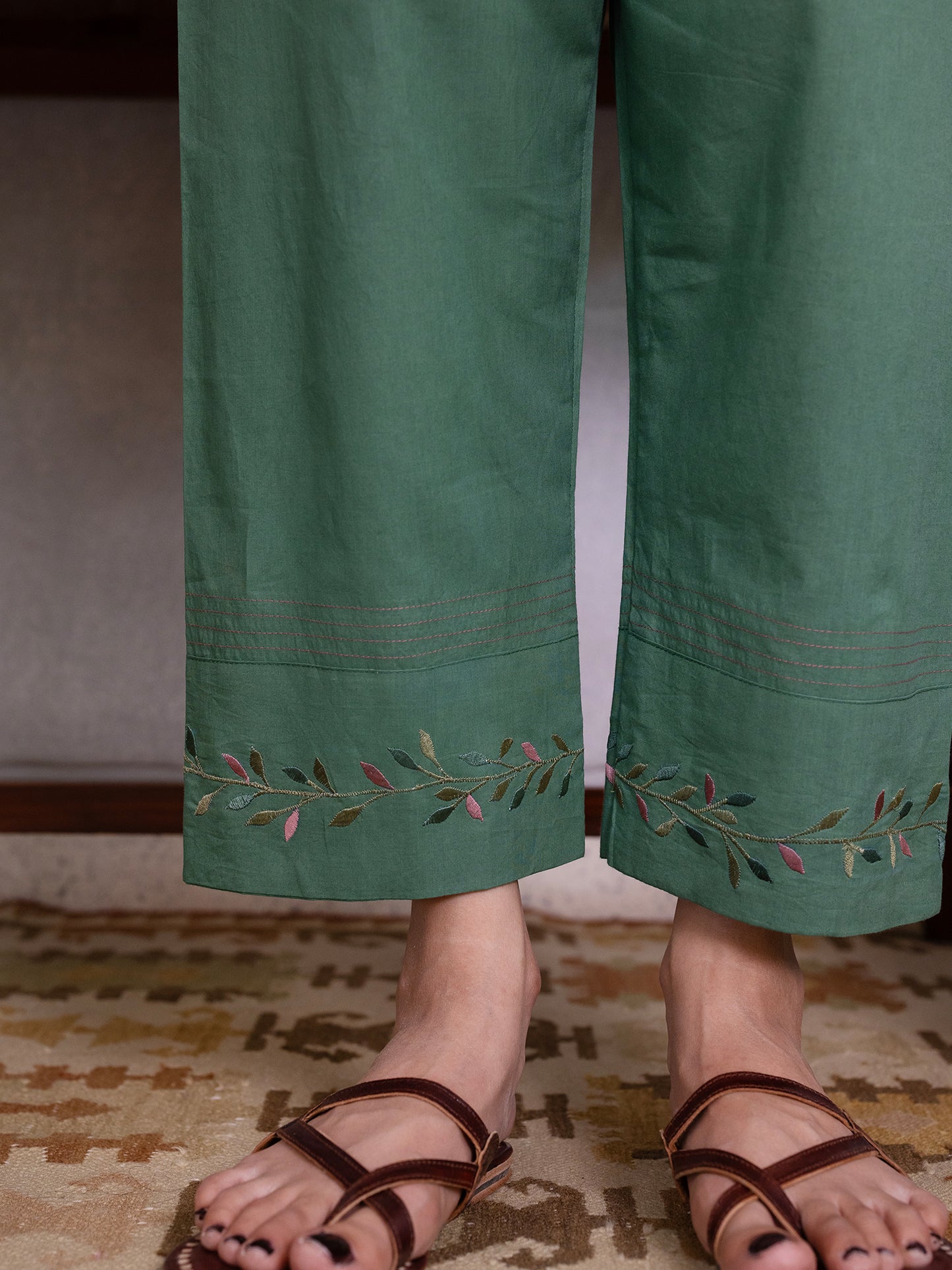 Green mul chanderi gota with thread embroidery kurta set