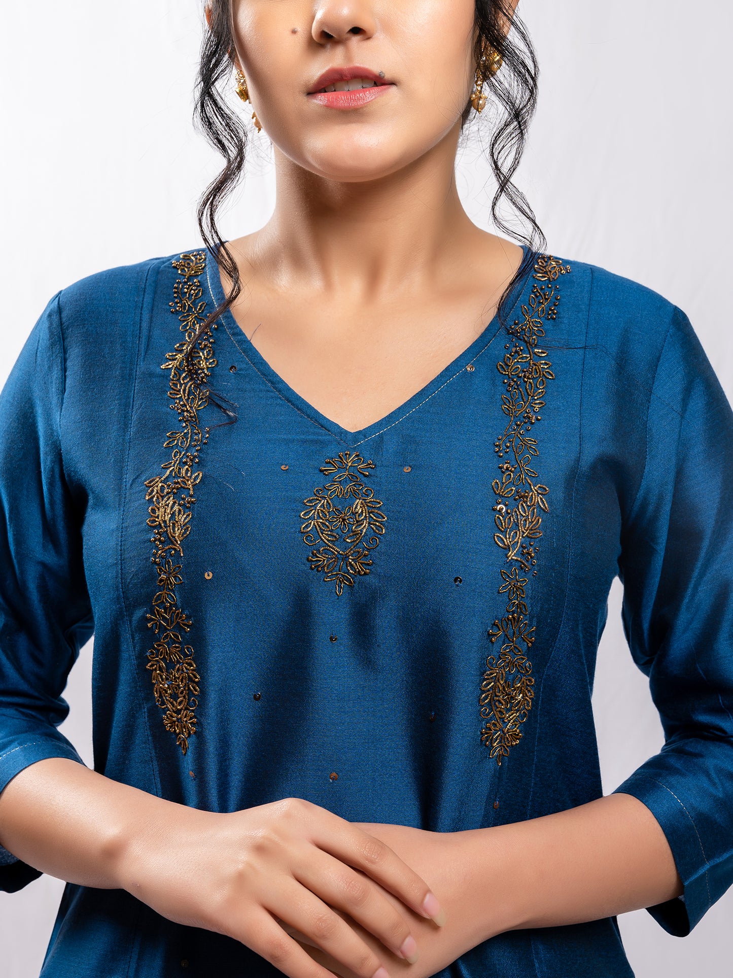 navy blue cotton silk aari hand embroidery kurta
