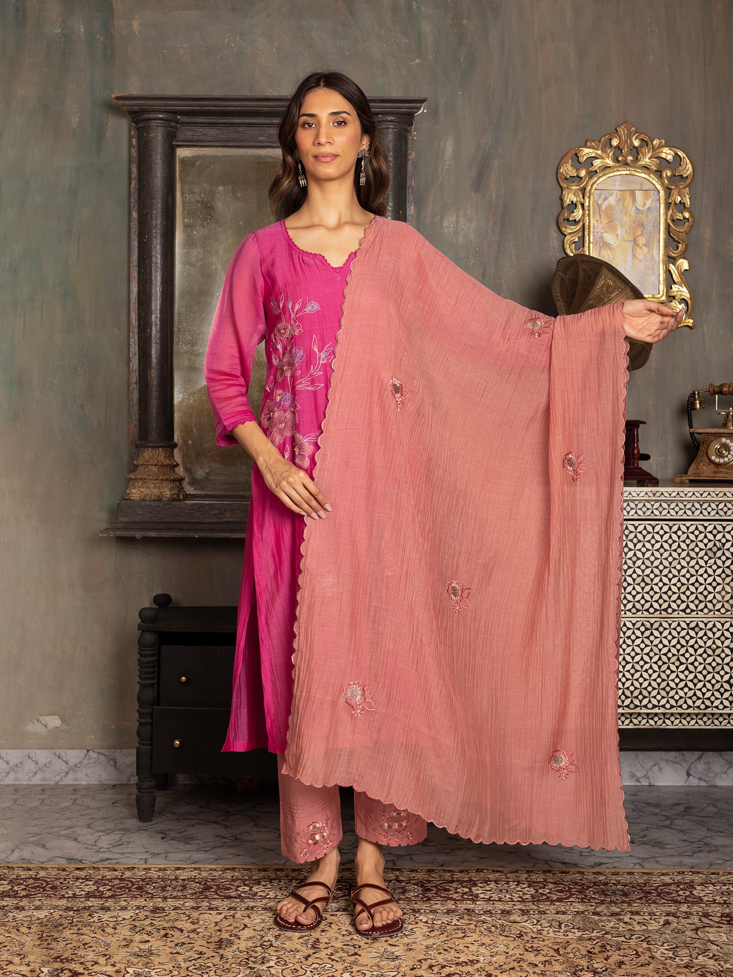 Rani pink mul chanderi thread and fabric cutwork work kurta set