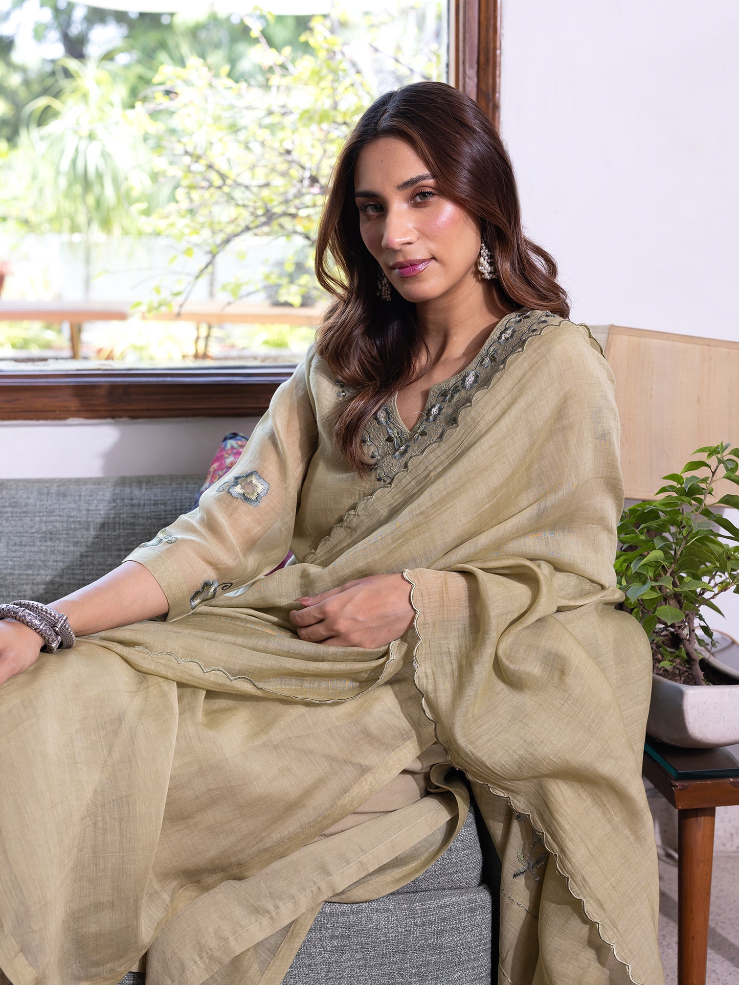 Sage green mul chanderi thread with sequence and bead work kurta