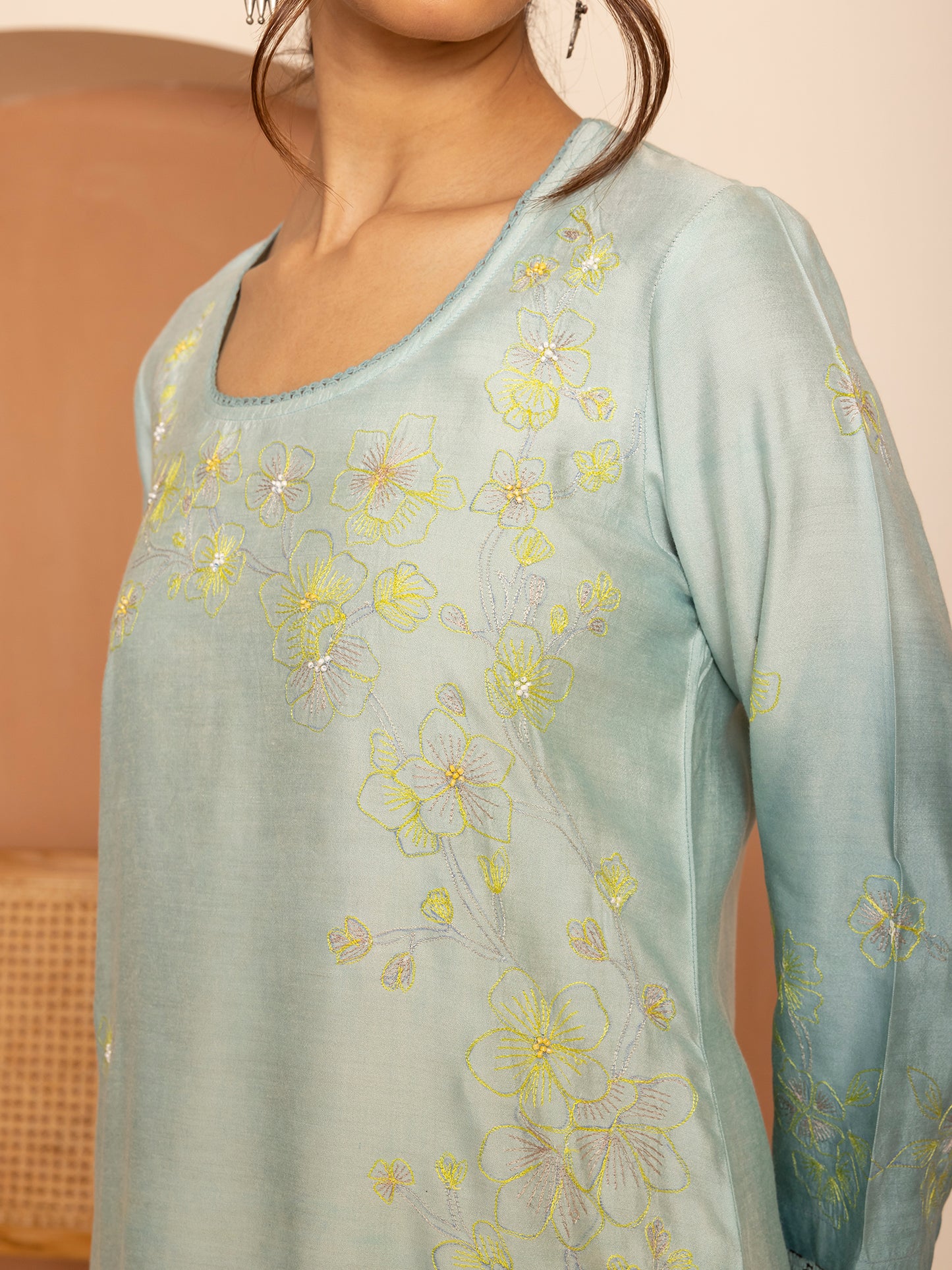 light blue and sea blue ombrey bamboo silk with thread and bead embroidery kurta set